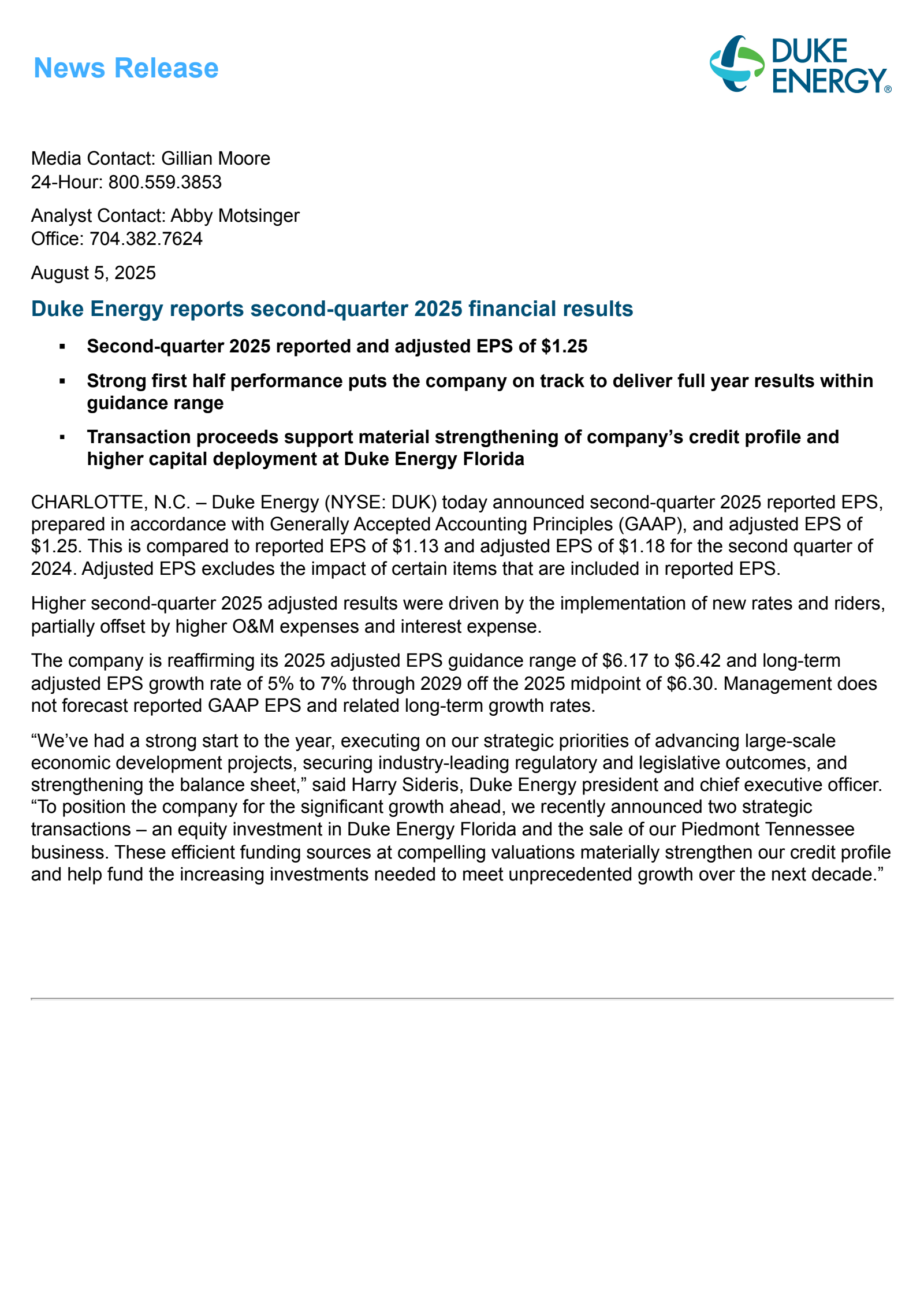 Duke Energy's Q2 2025 Press Release