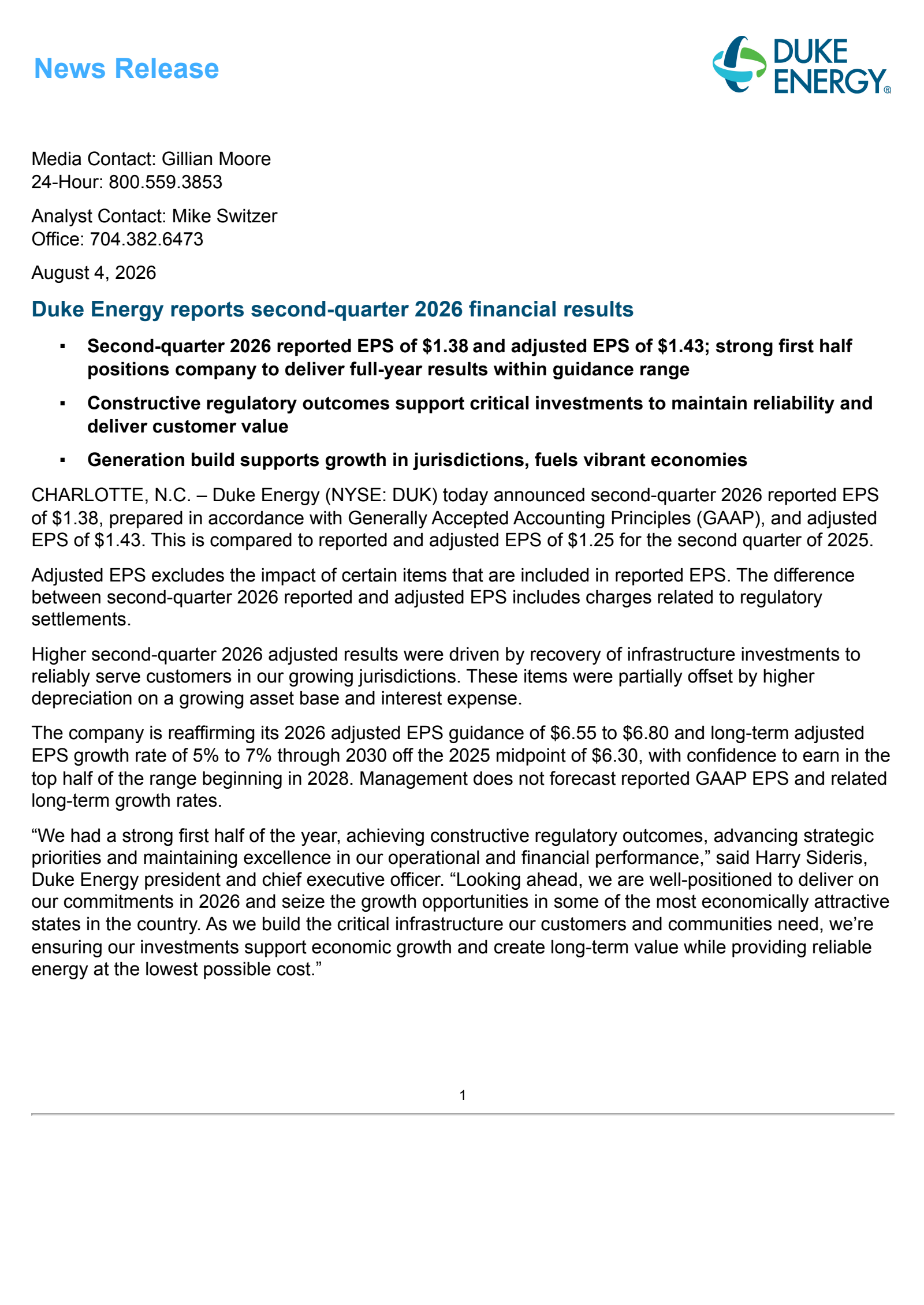 Duke Energy's Q2 2026 Press Release