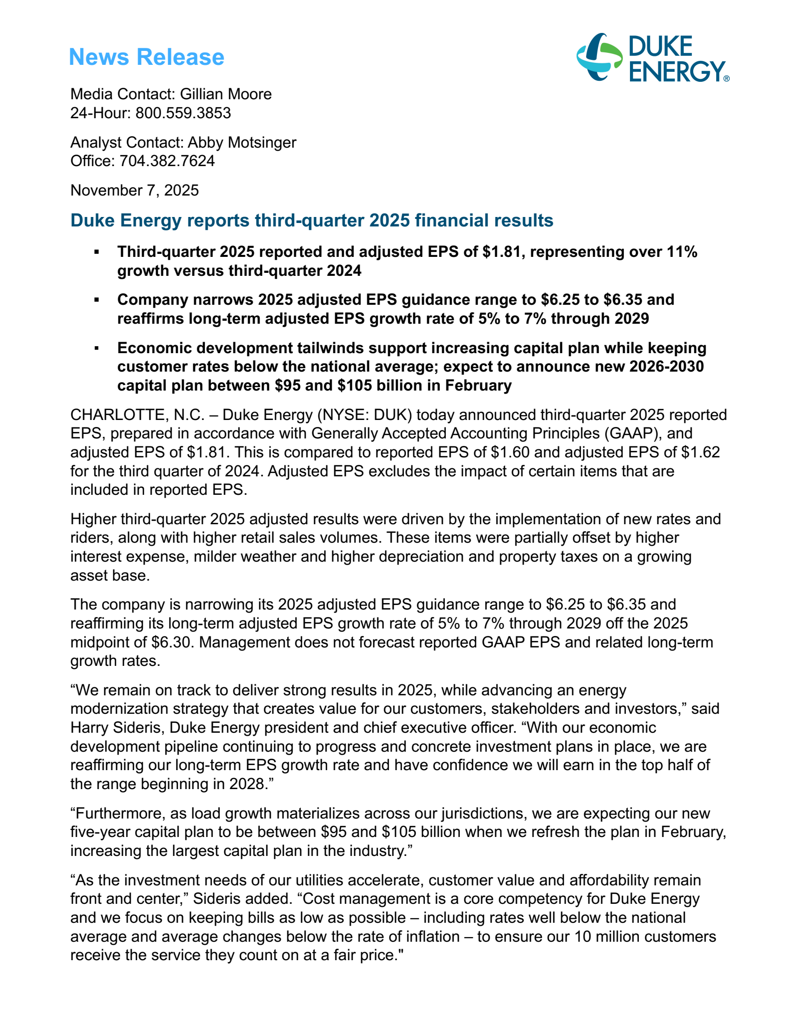 Duke Energy's Q3 2025 Earnings Release