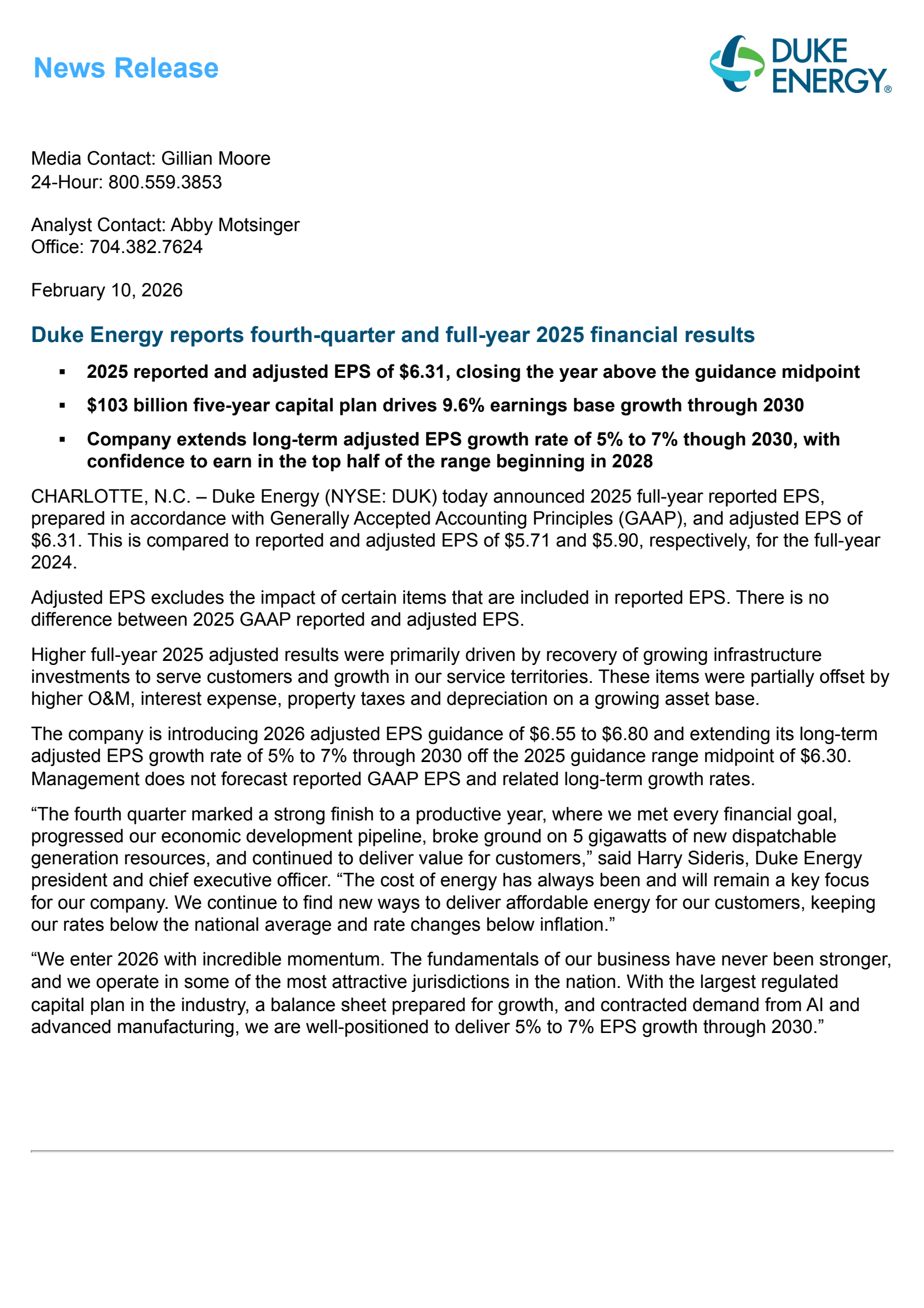 Duke Energy's Q4 2025 Press Release