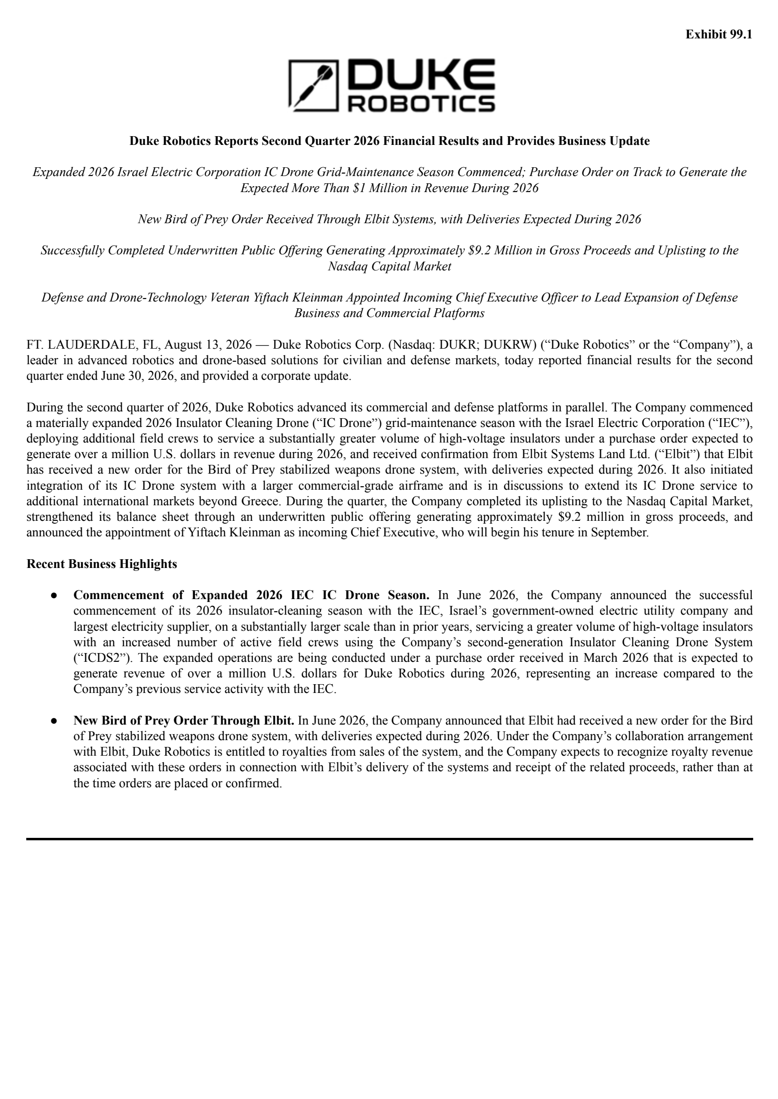 Duke Robotics' Q2 2026 Press Release