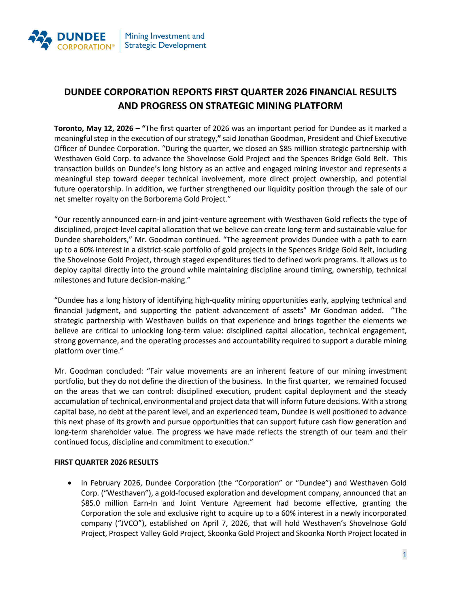 Dundee's Q1 2026 Press Release