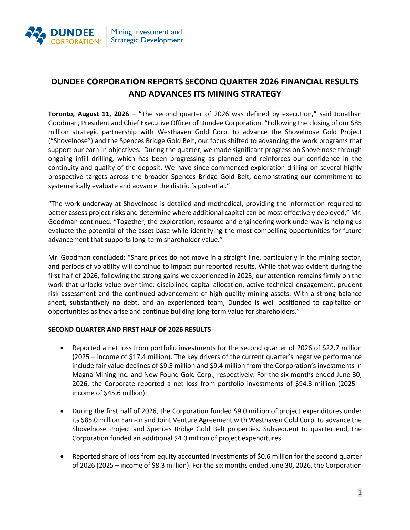 Dundee's Q2 2026 Press Release