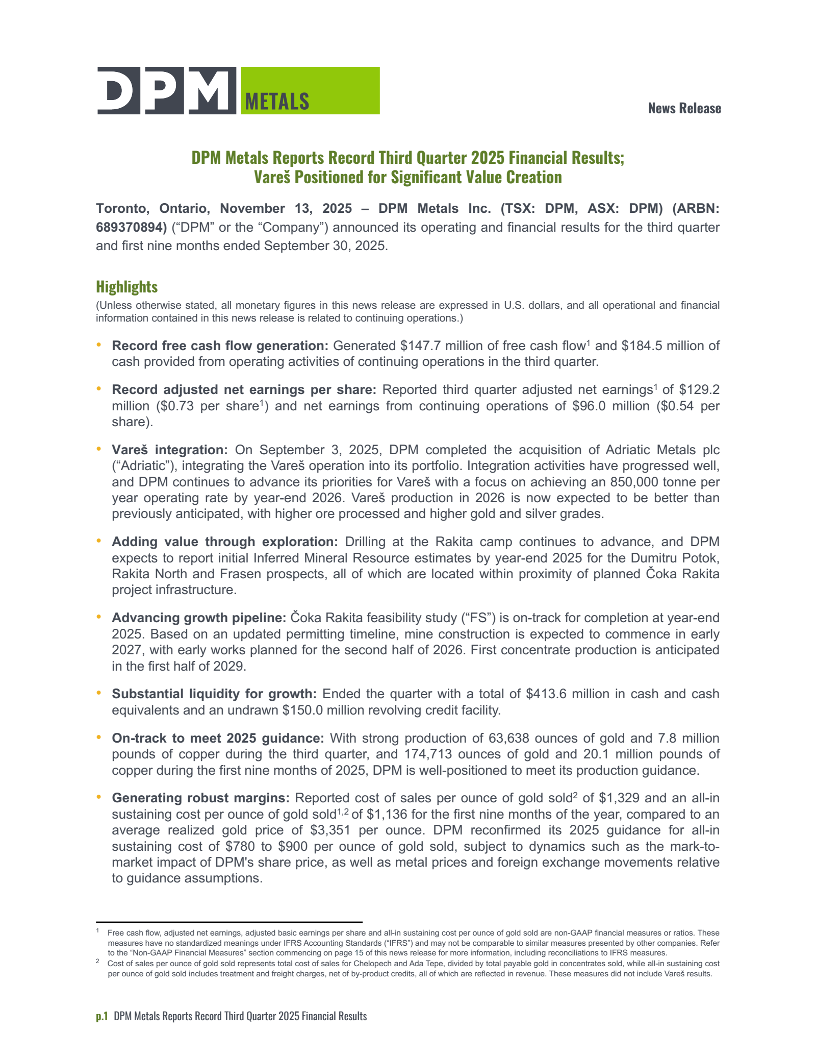 Dundee Precious Metals' Q3 2025 Earnings Release