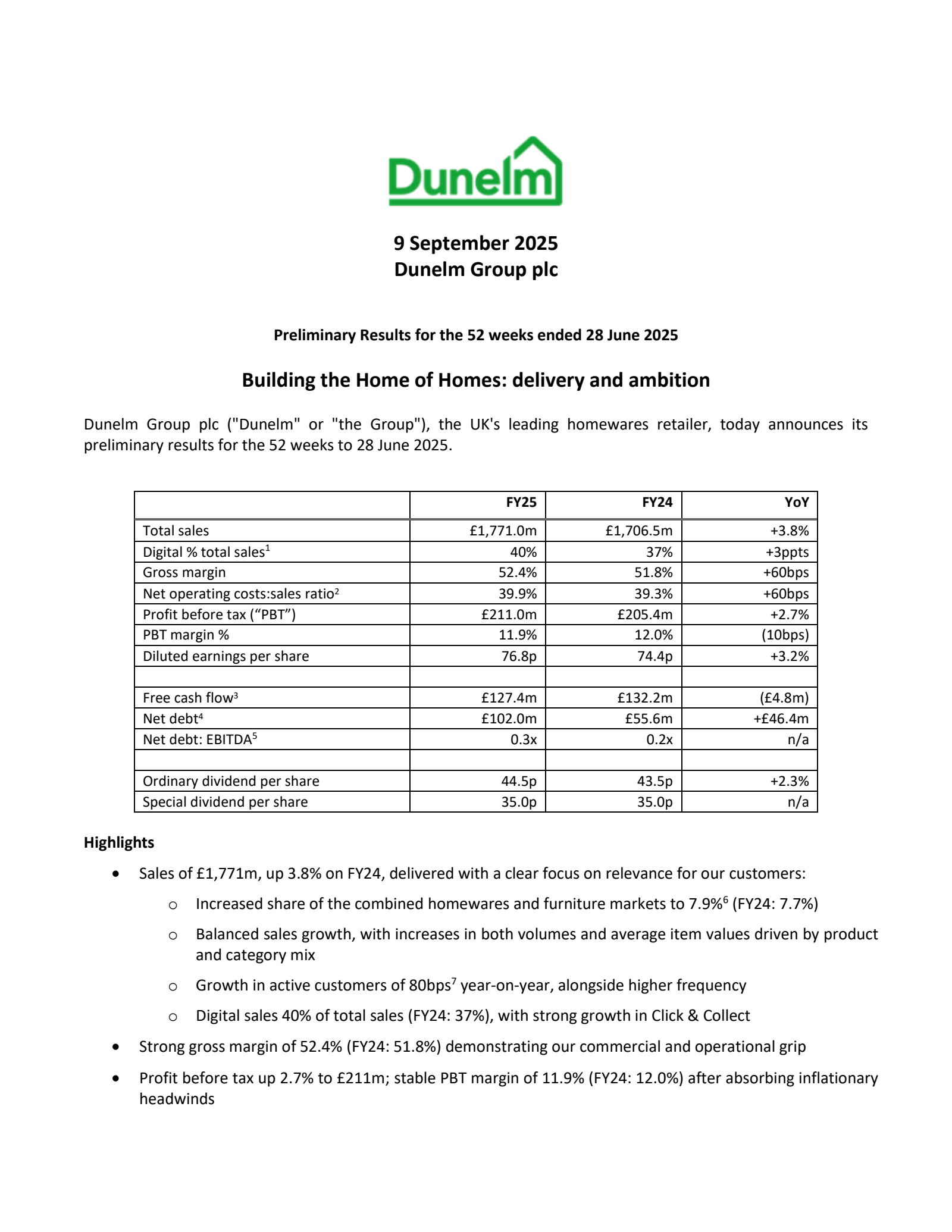 Dunelm Group's H2 2025 Press Release
