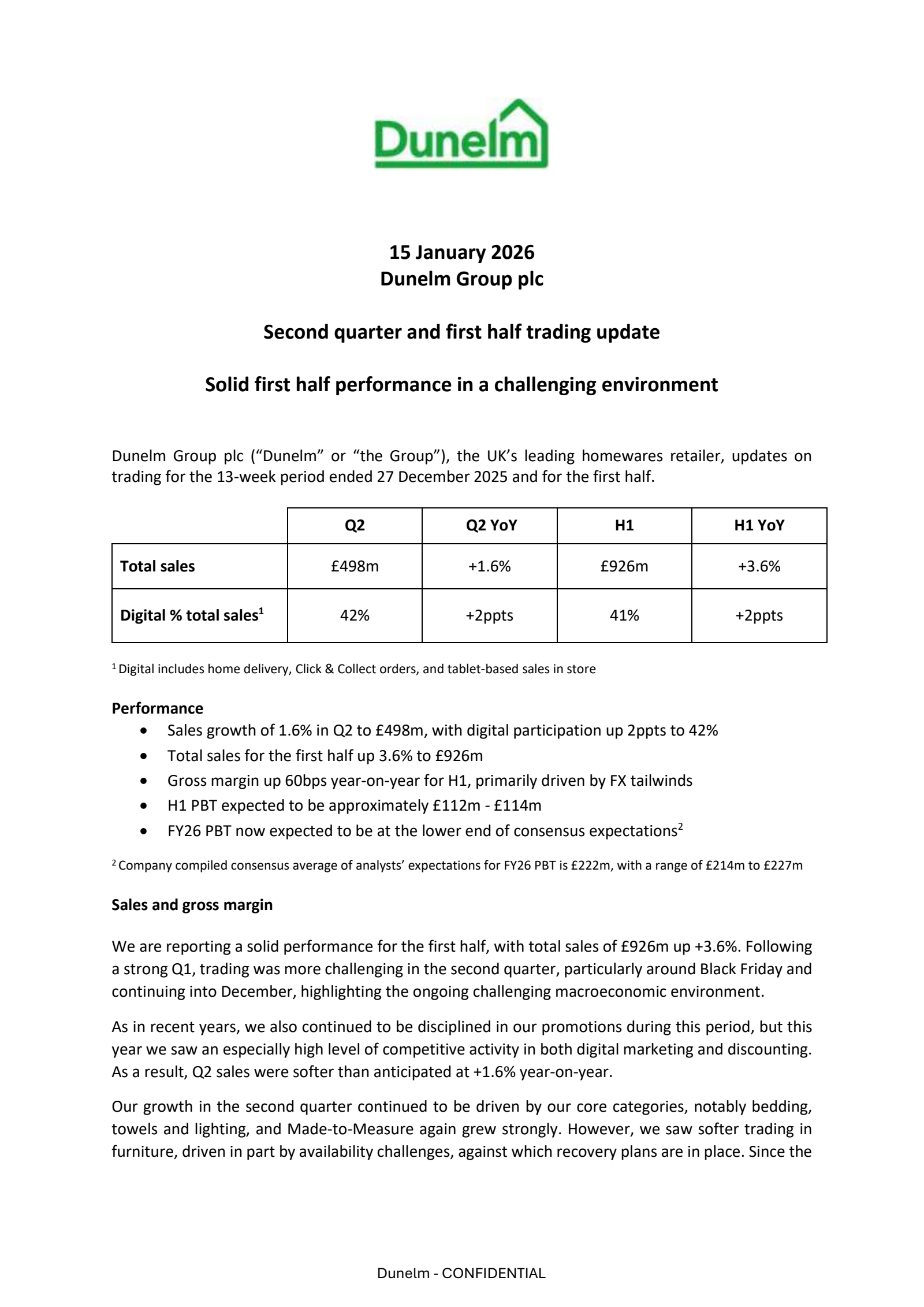 Dunelm Group's Q2 2026 TU Press Release