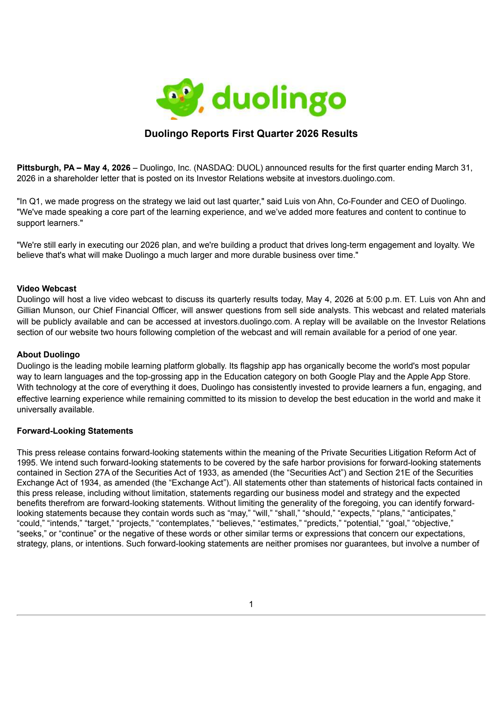 Duolingo's Q1 2026 Press Release