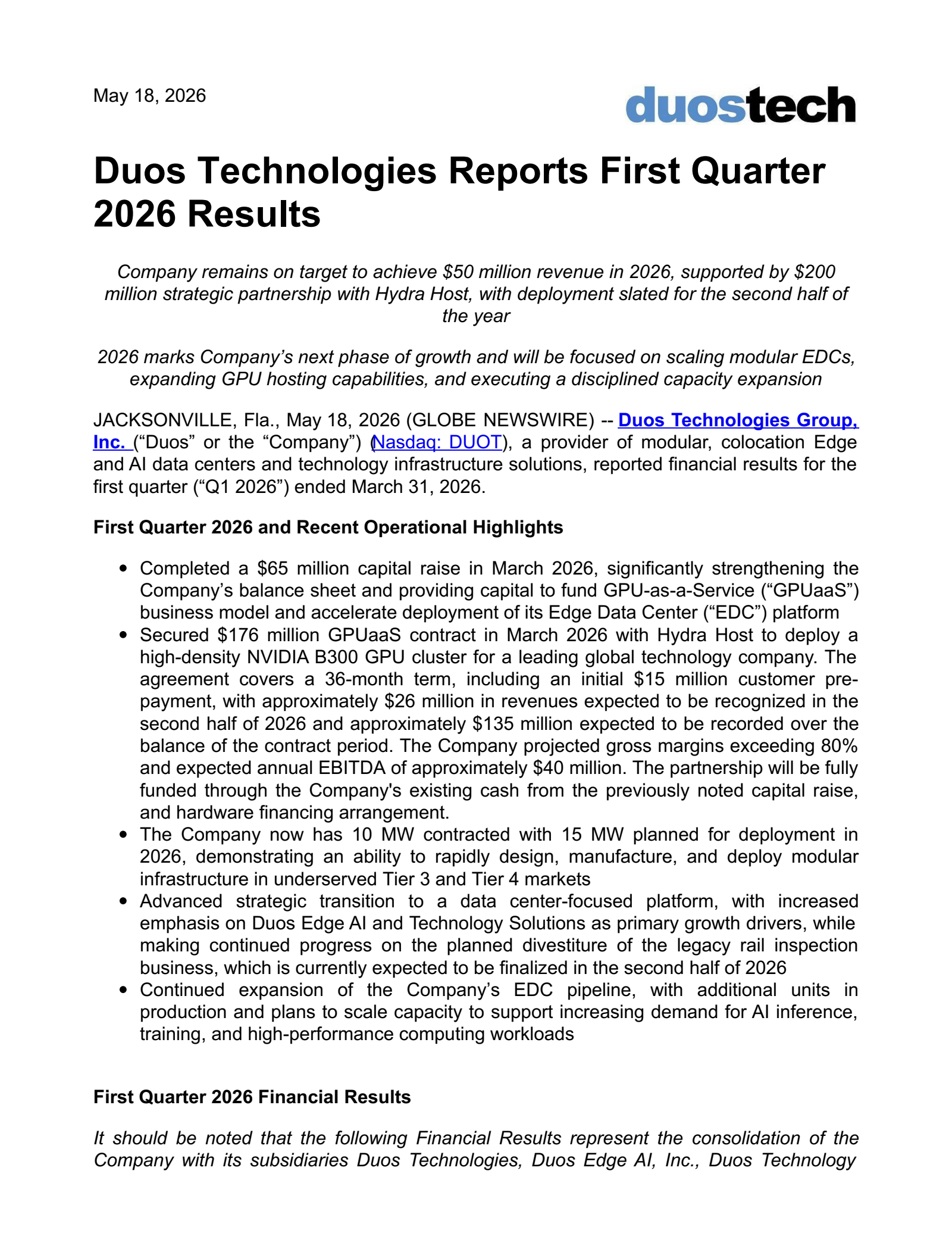 Duos Technologies Group's Q1 2026 Press Release