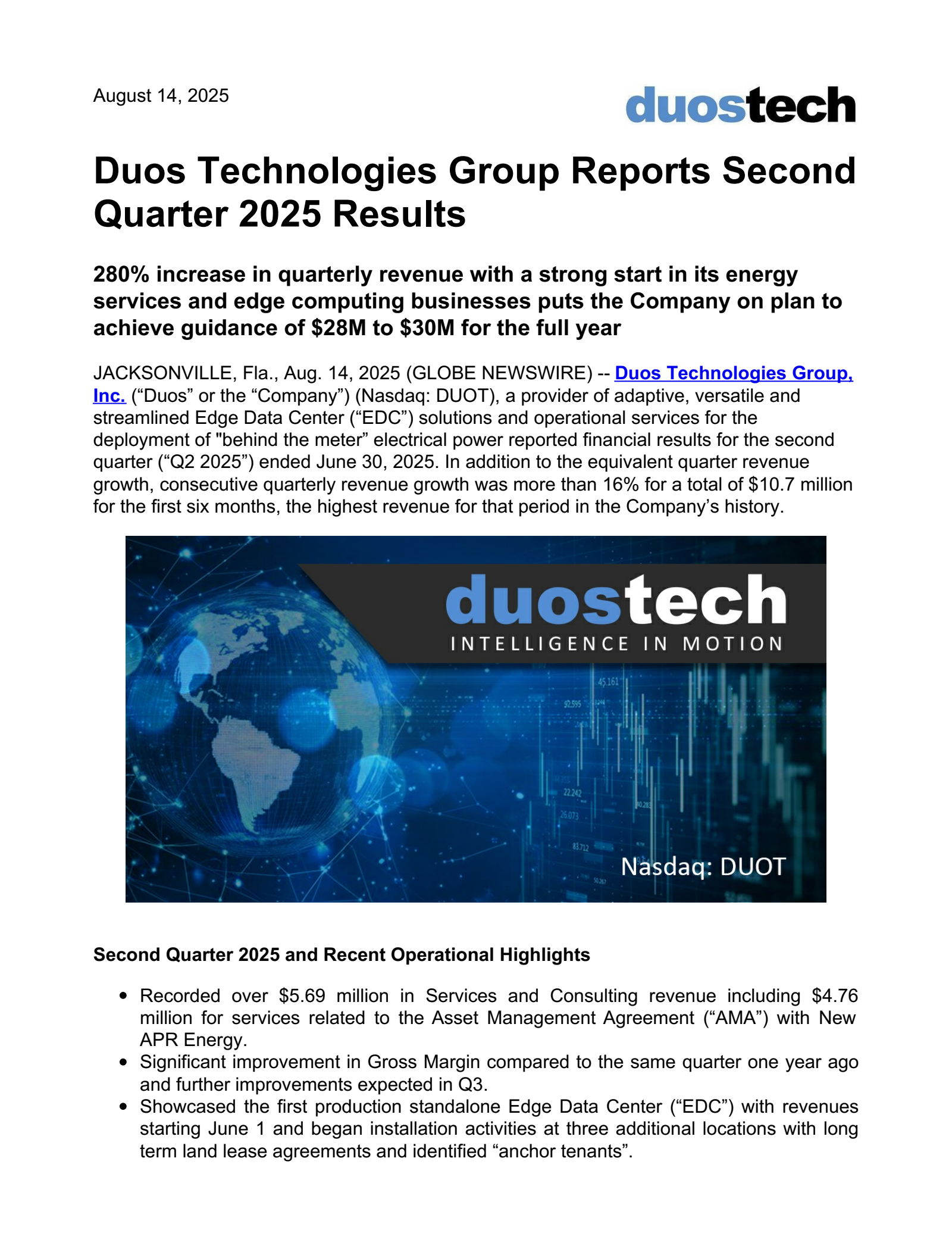 Duos Technologies Group's Q2 2025 Press Release
