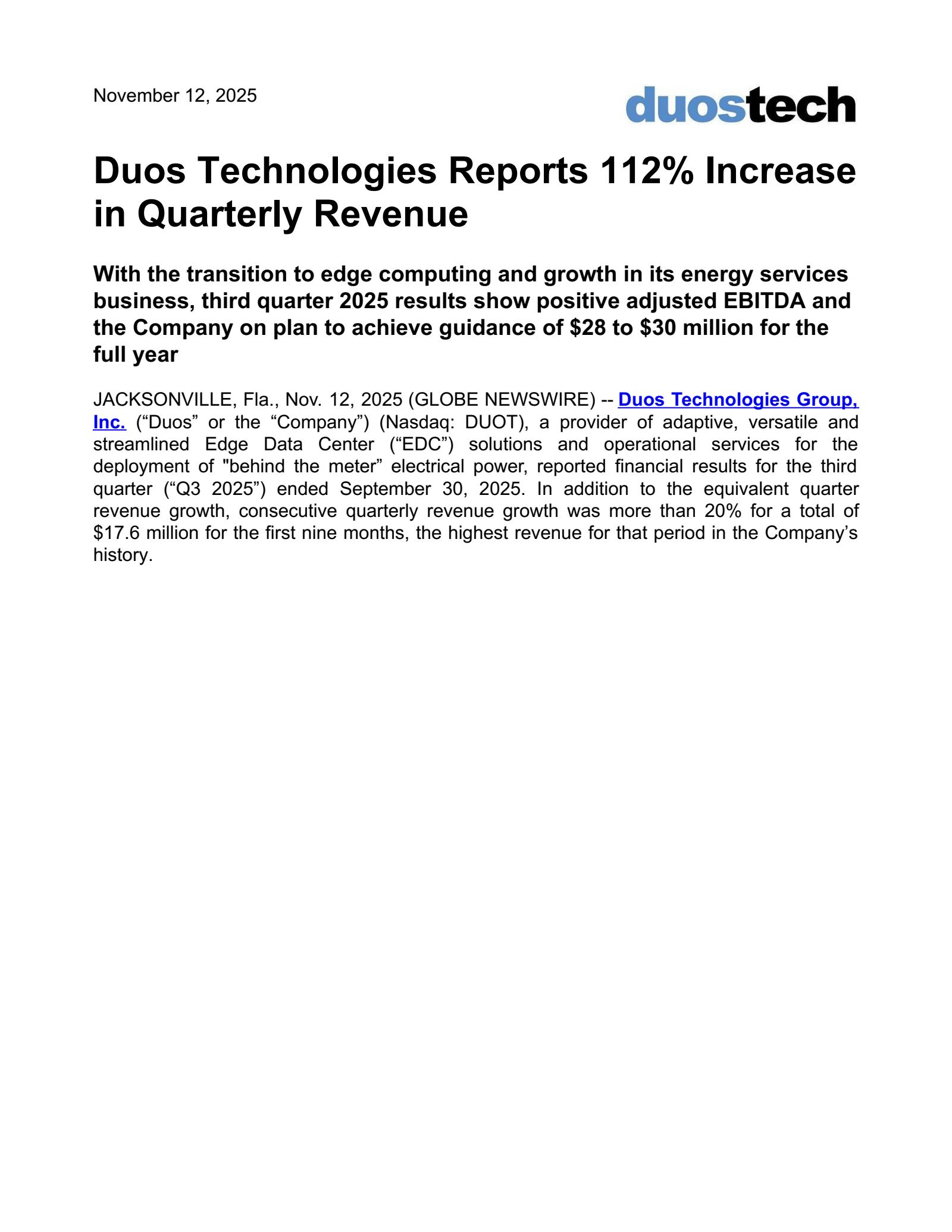 Duos Technologies Group's Q3 2025 Earnings Release