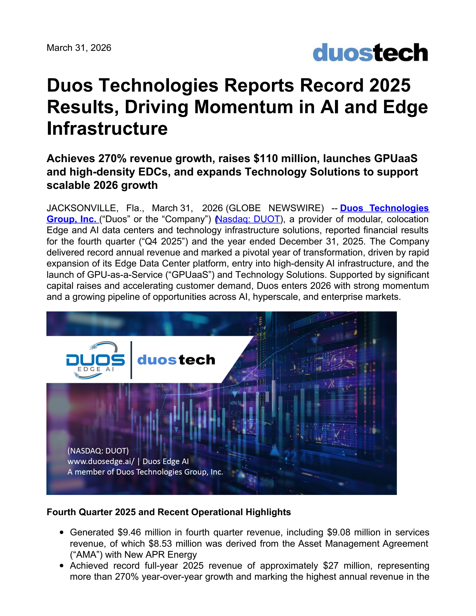 Duos Technologies Group's Q4 2025 Press Release