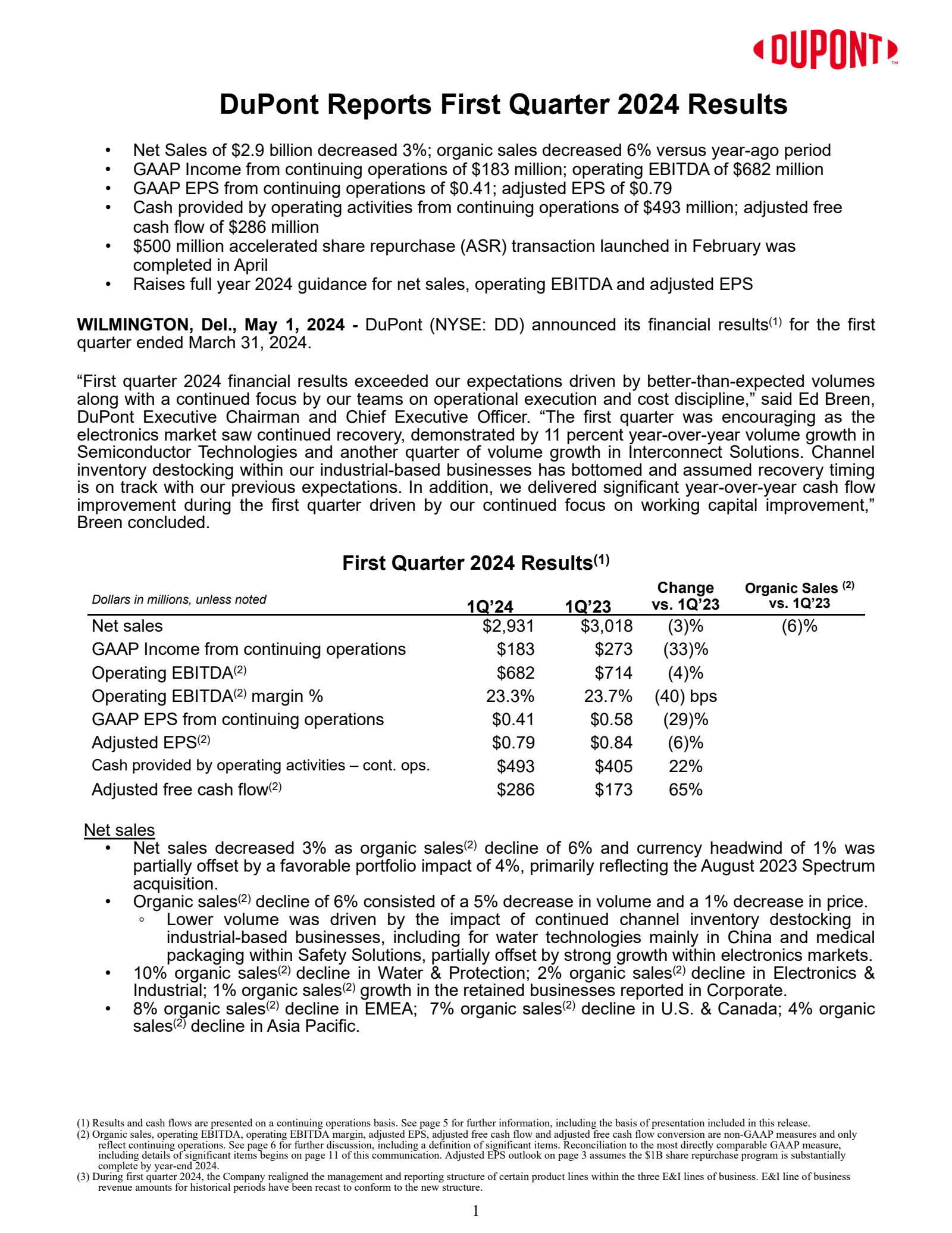 DuPont de Nemours' Q1 2024 Press Release
