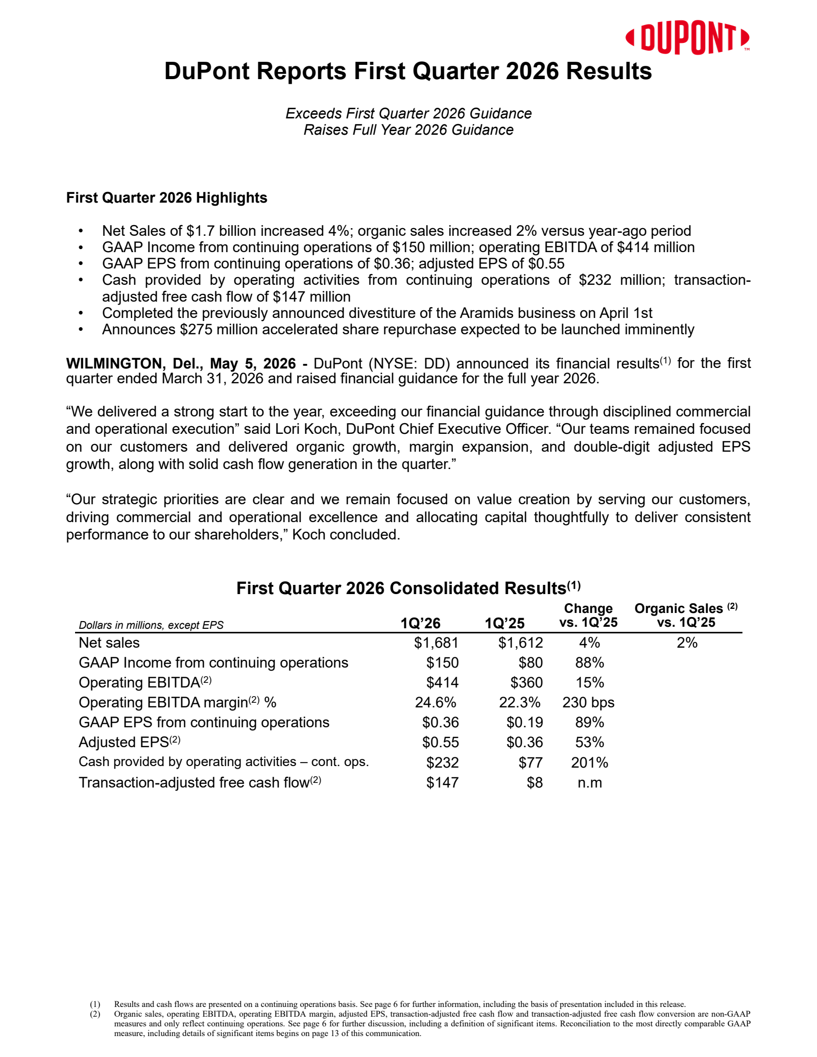 DuPont de Nemours' Q1 2026 Press Release
