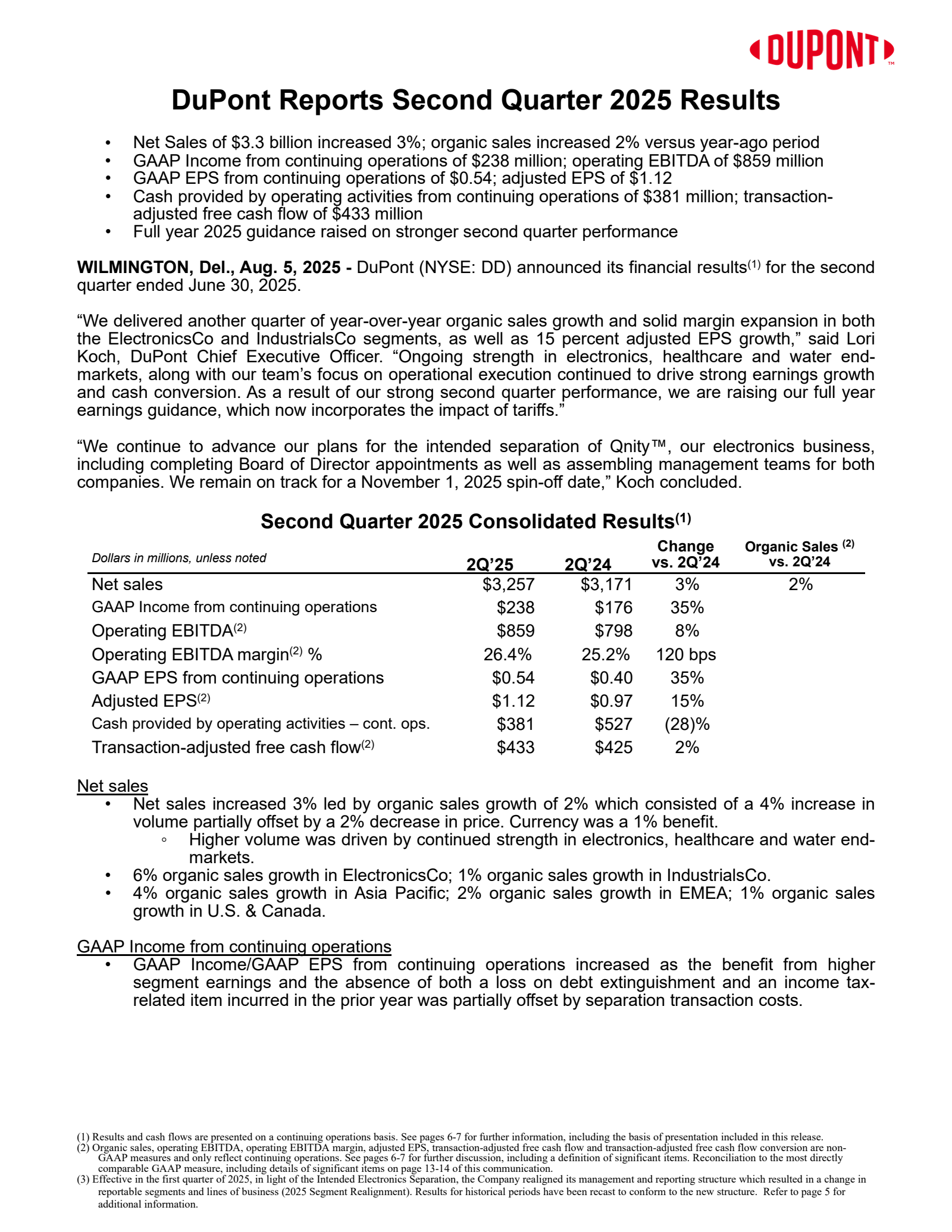 DuPont de Nemours' Q2 2025 Press Release