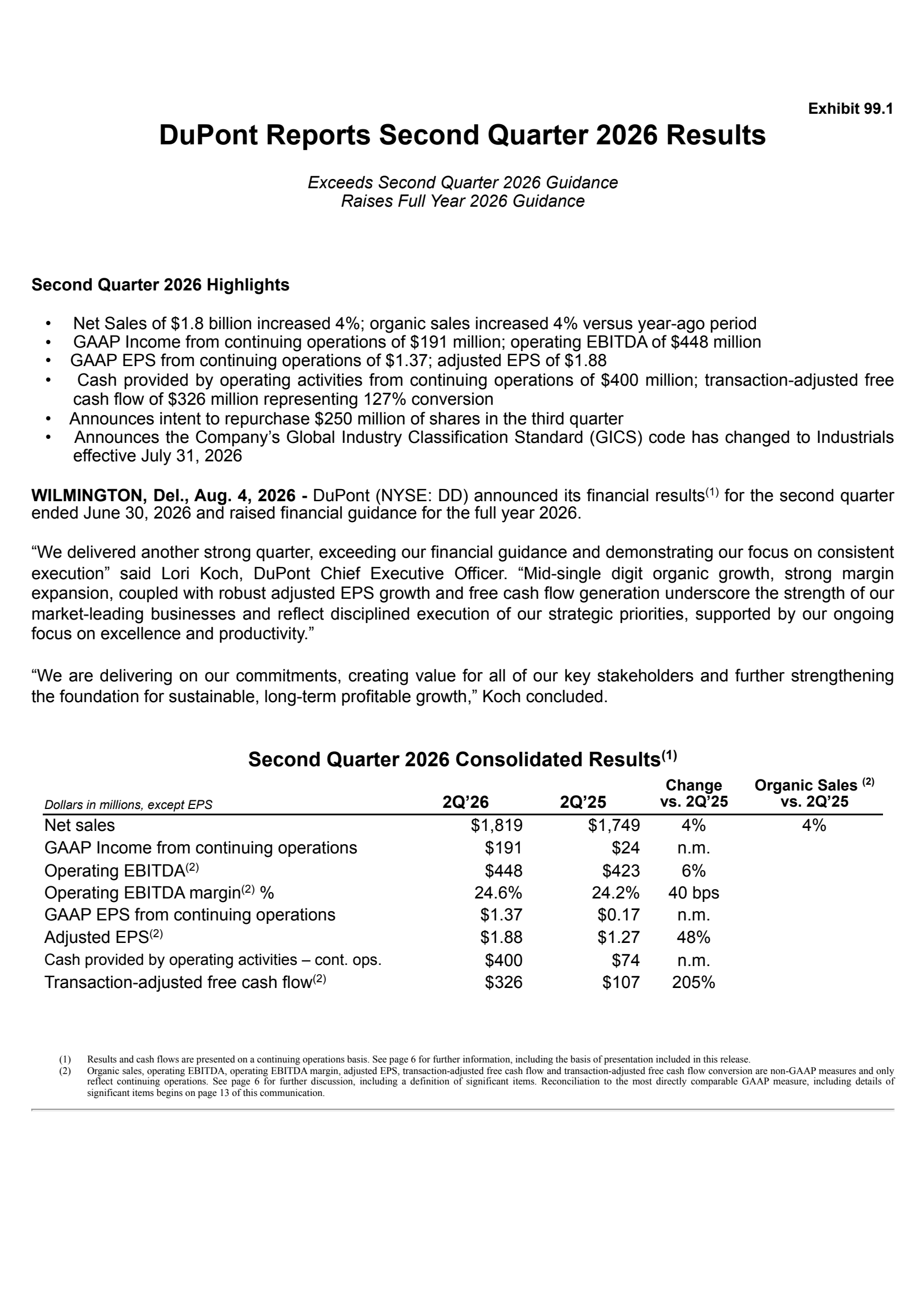 DuPont de Nemours' Q2 2026 Press Release