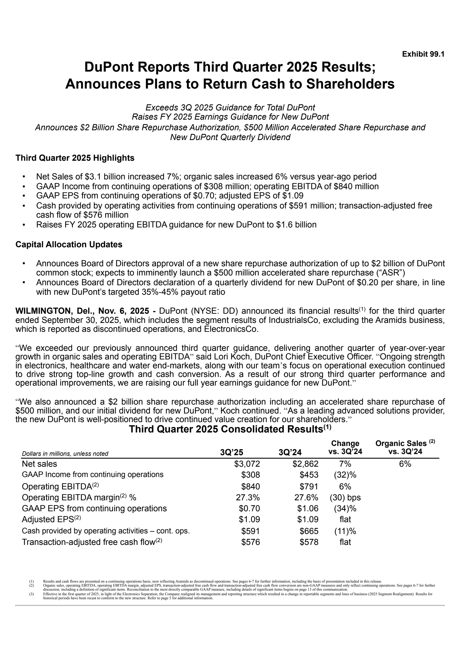 DuPont de Nemours' Q3 2025 Earnings Release