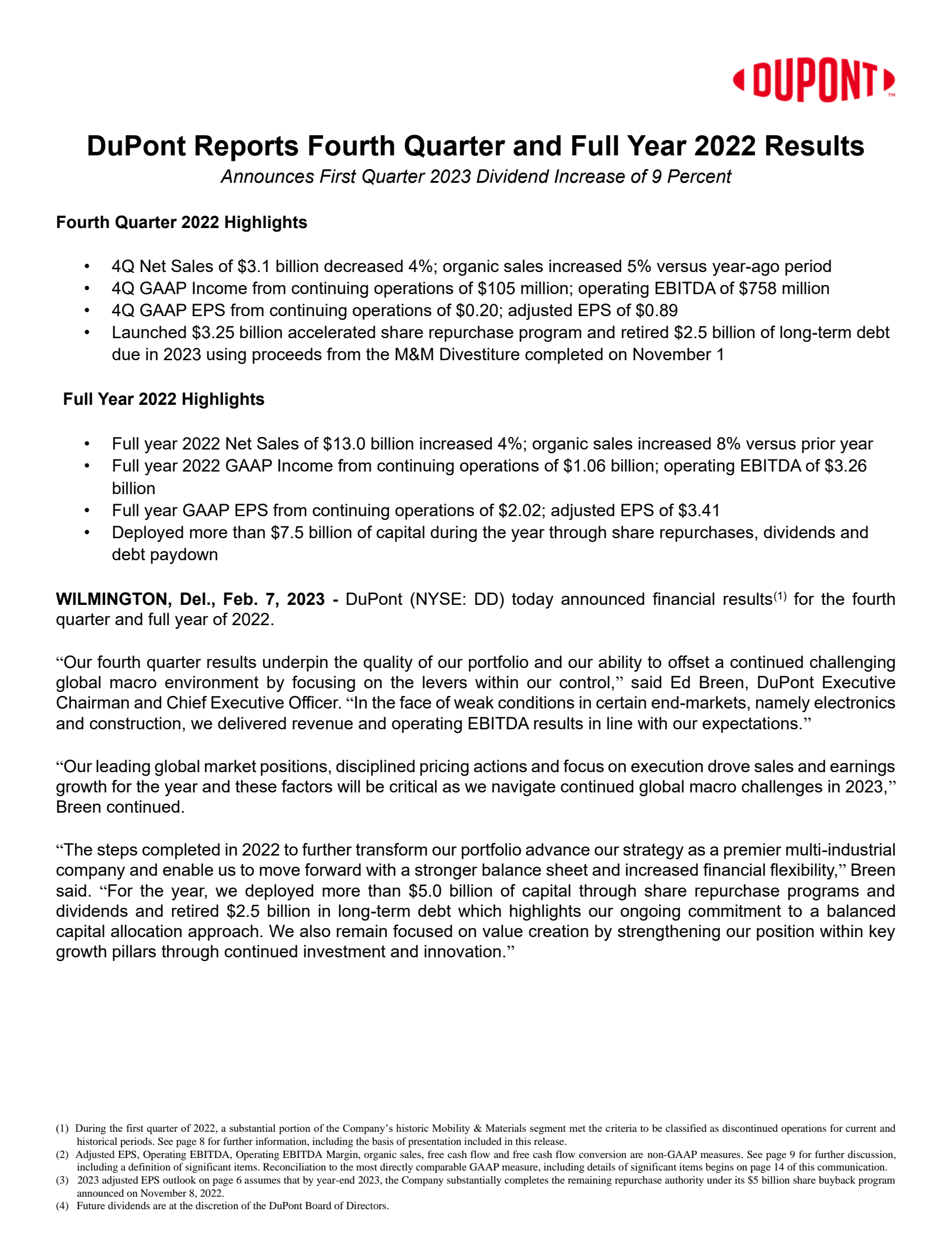 DuPont de Nemours' Q4 2022 Earnings Release