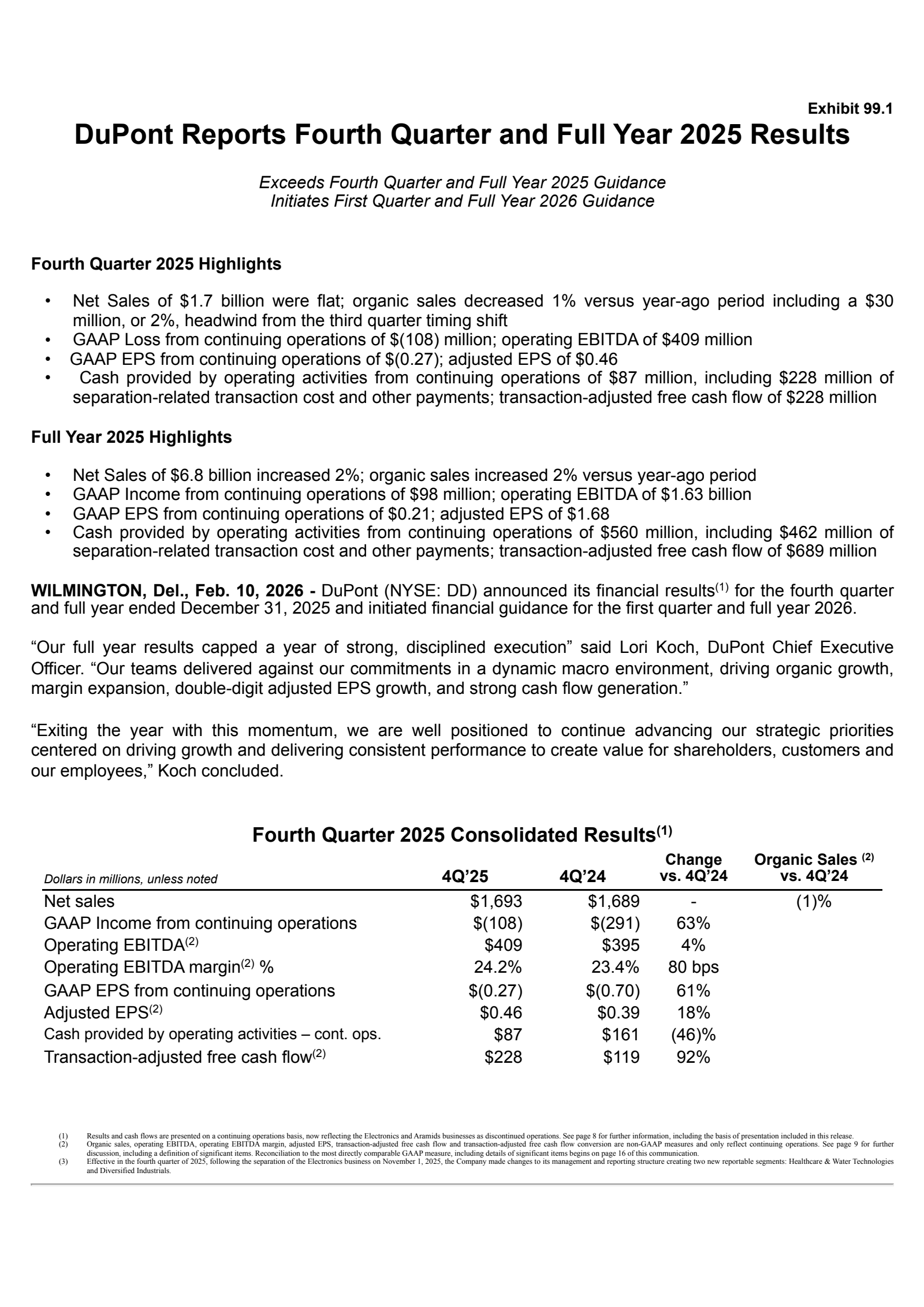 DuPont de Nemours' Q4 2025 Press Release