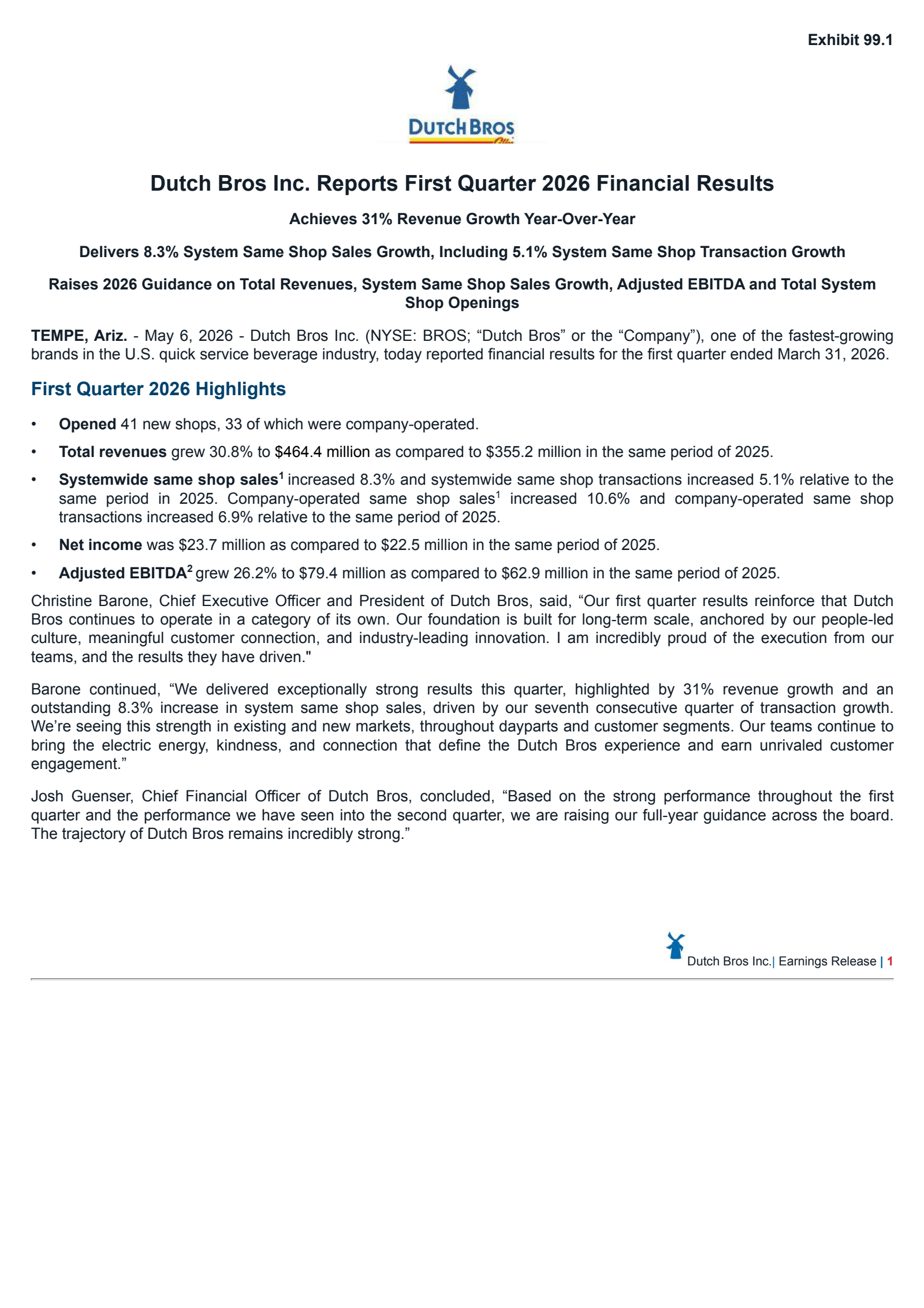 Dutch Bros' Q1 2026 Press Release