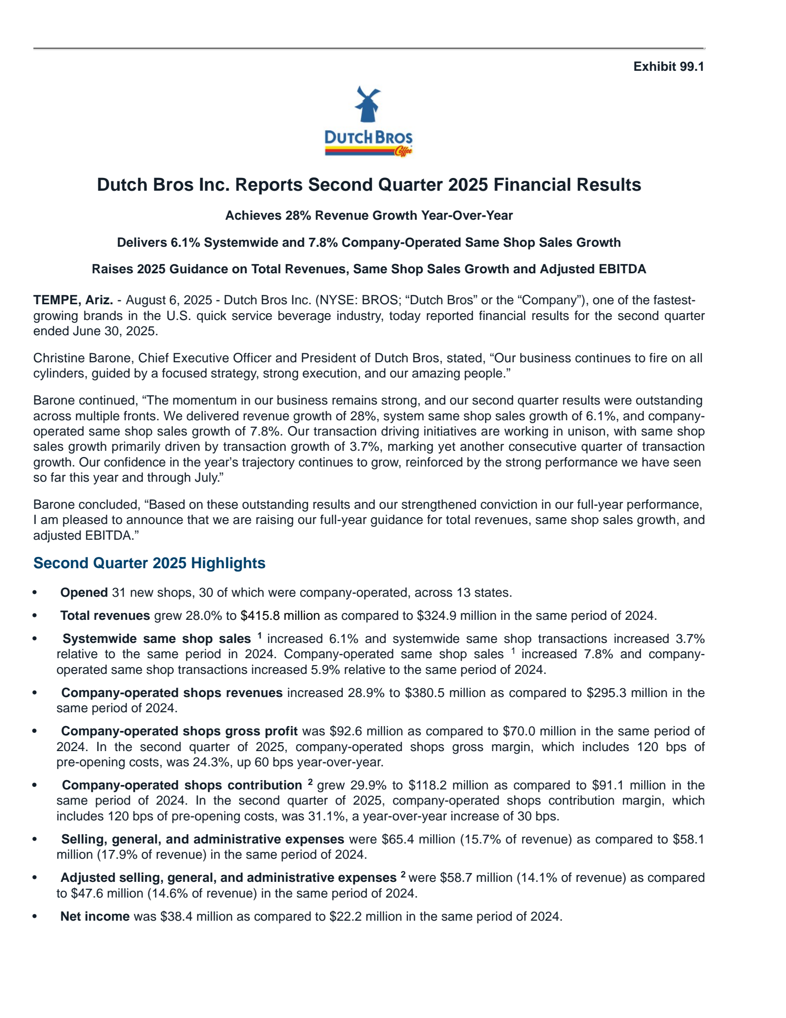 Dutch Bros' Q2 2025 Press Release