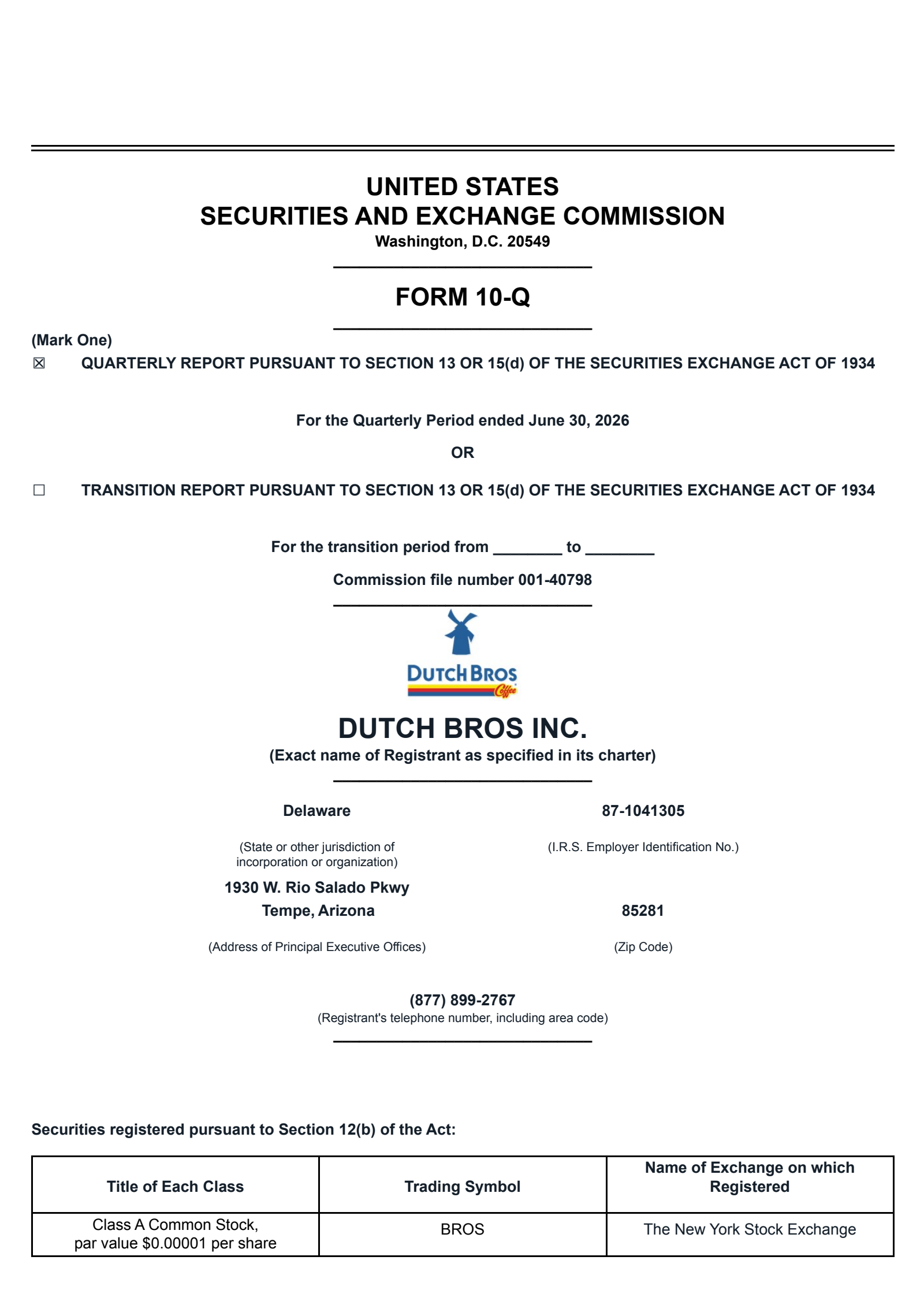 Dutch Bros' Q2 2026 Quarterly report