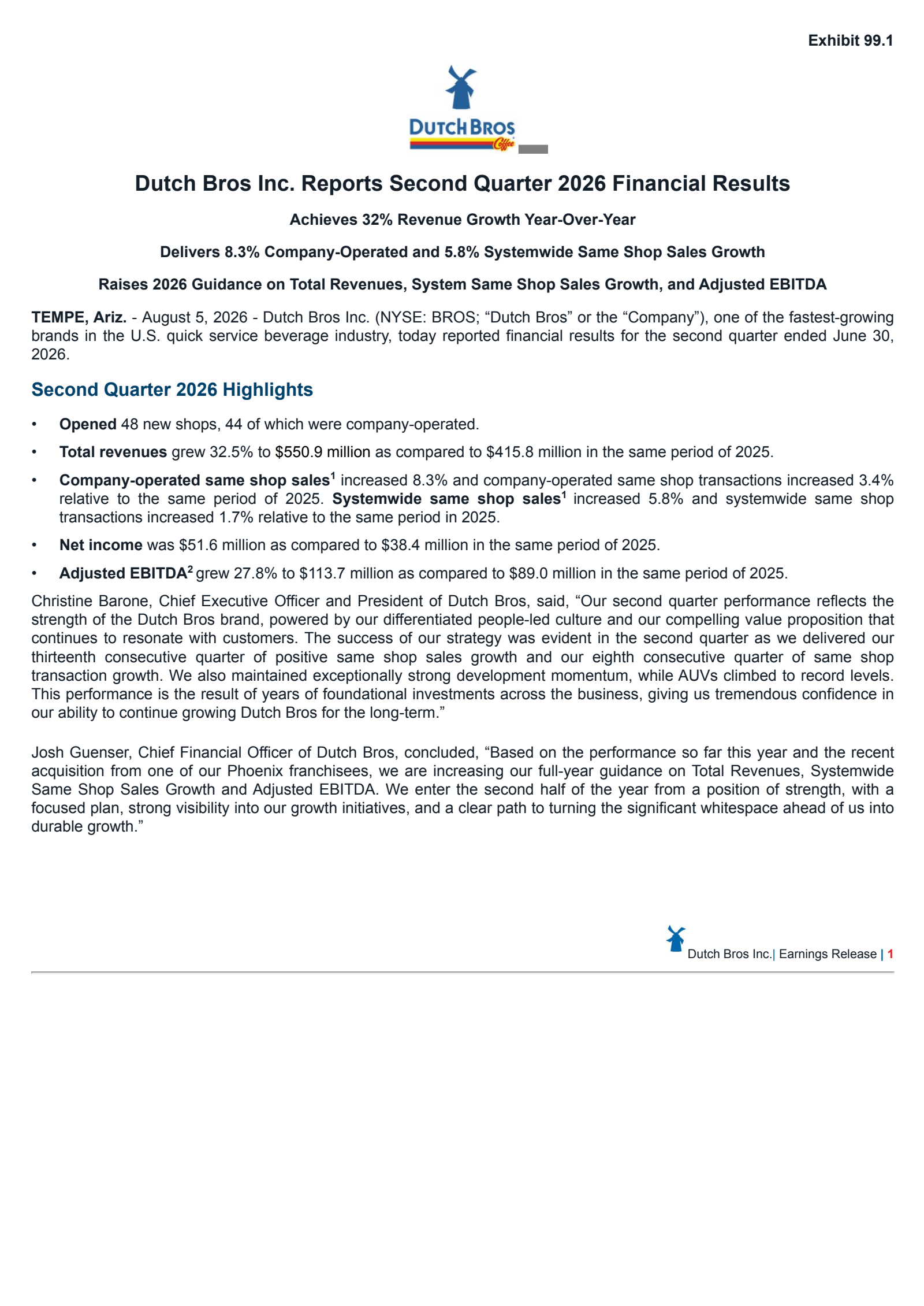 Dutch Bros' Q2 2026 Press Release