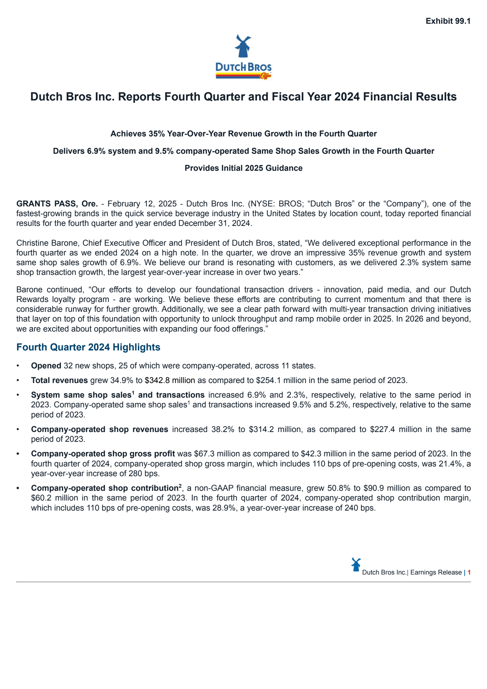 Dutch Bros' Q4 2024 Press Release
