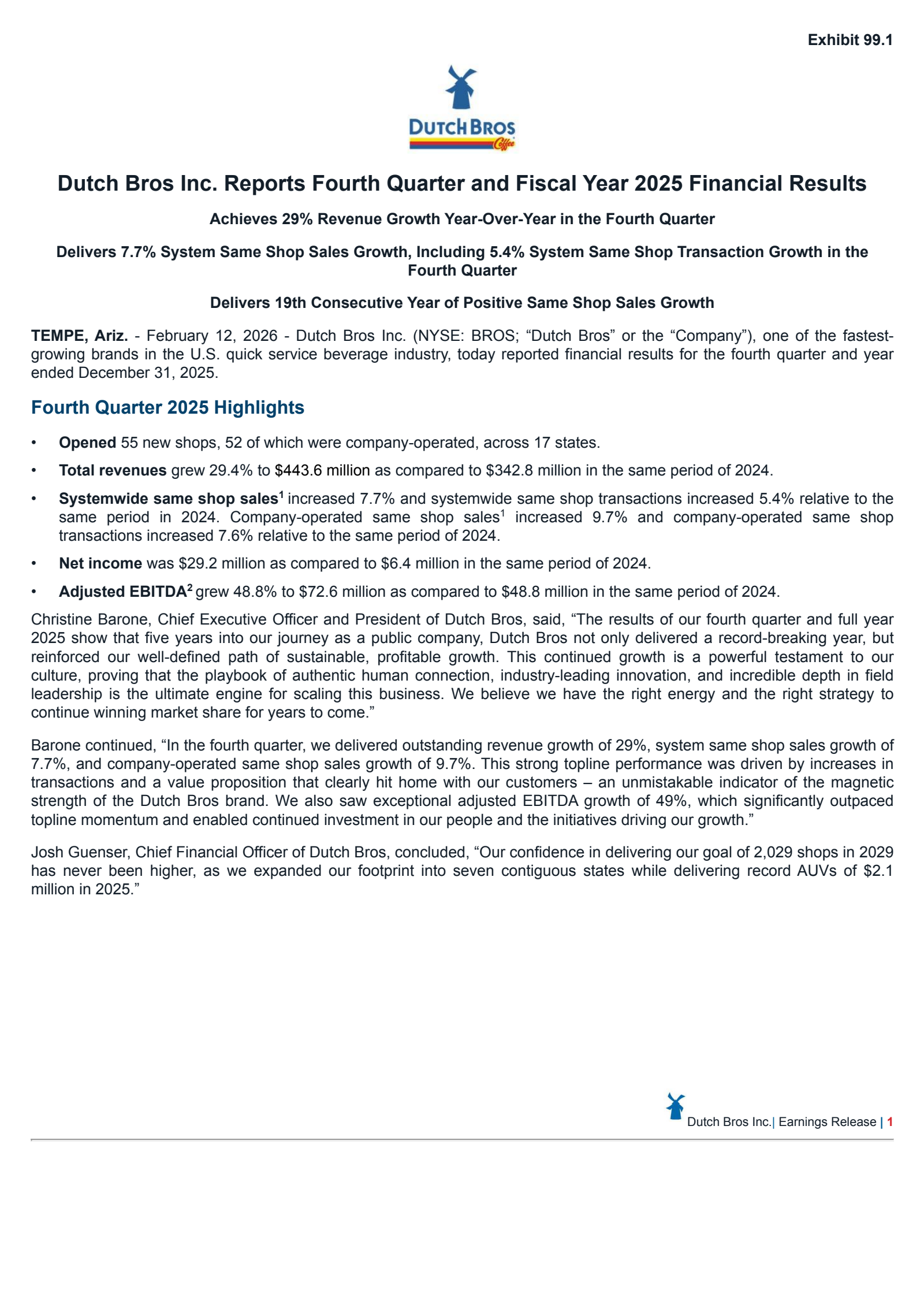 Dutch Bros' Q4 2025 Press Release