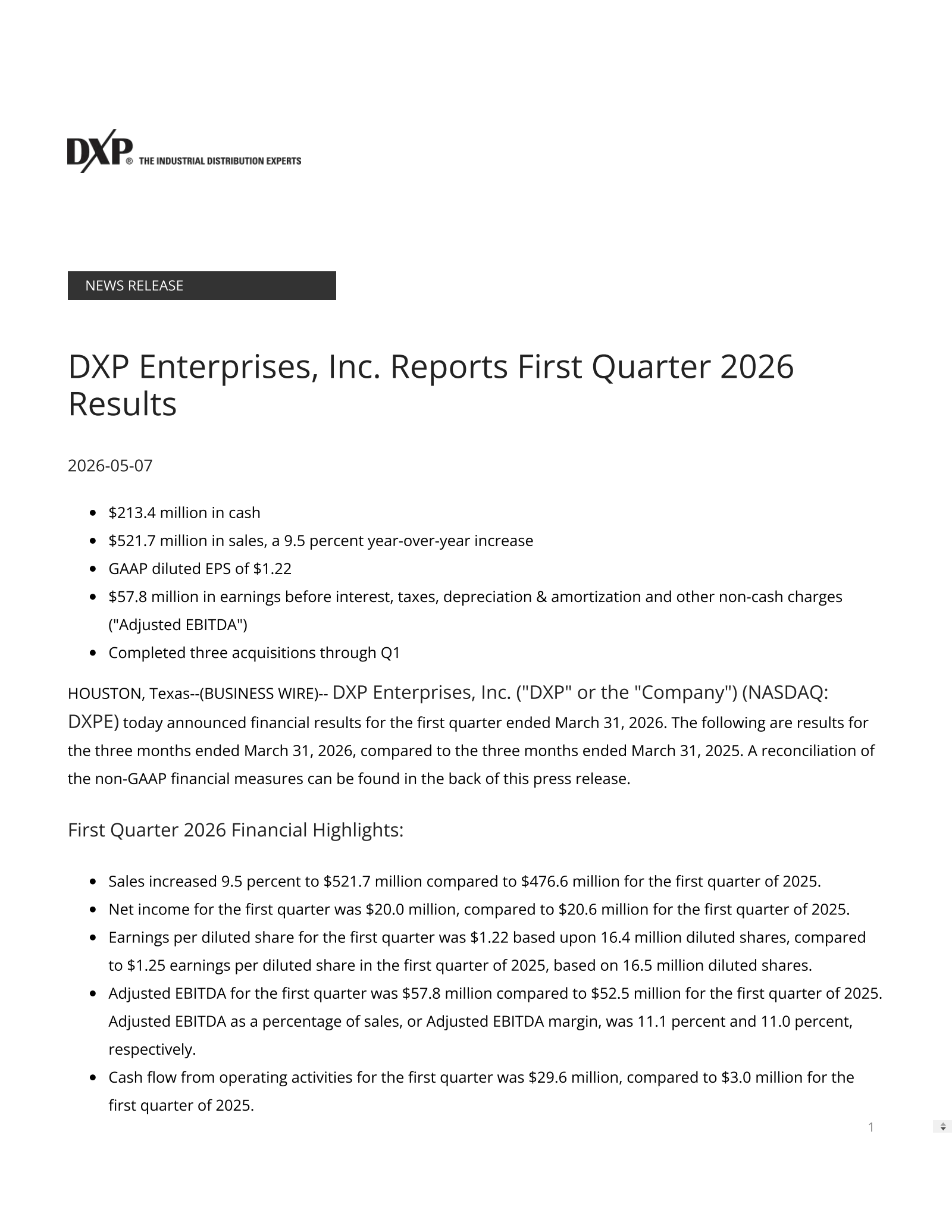DXP Enterprises' Q1 2026 Press Release