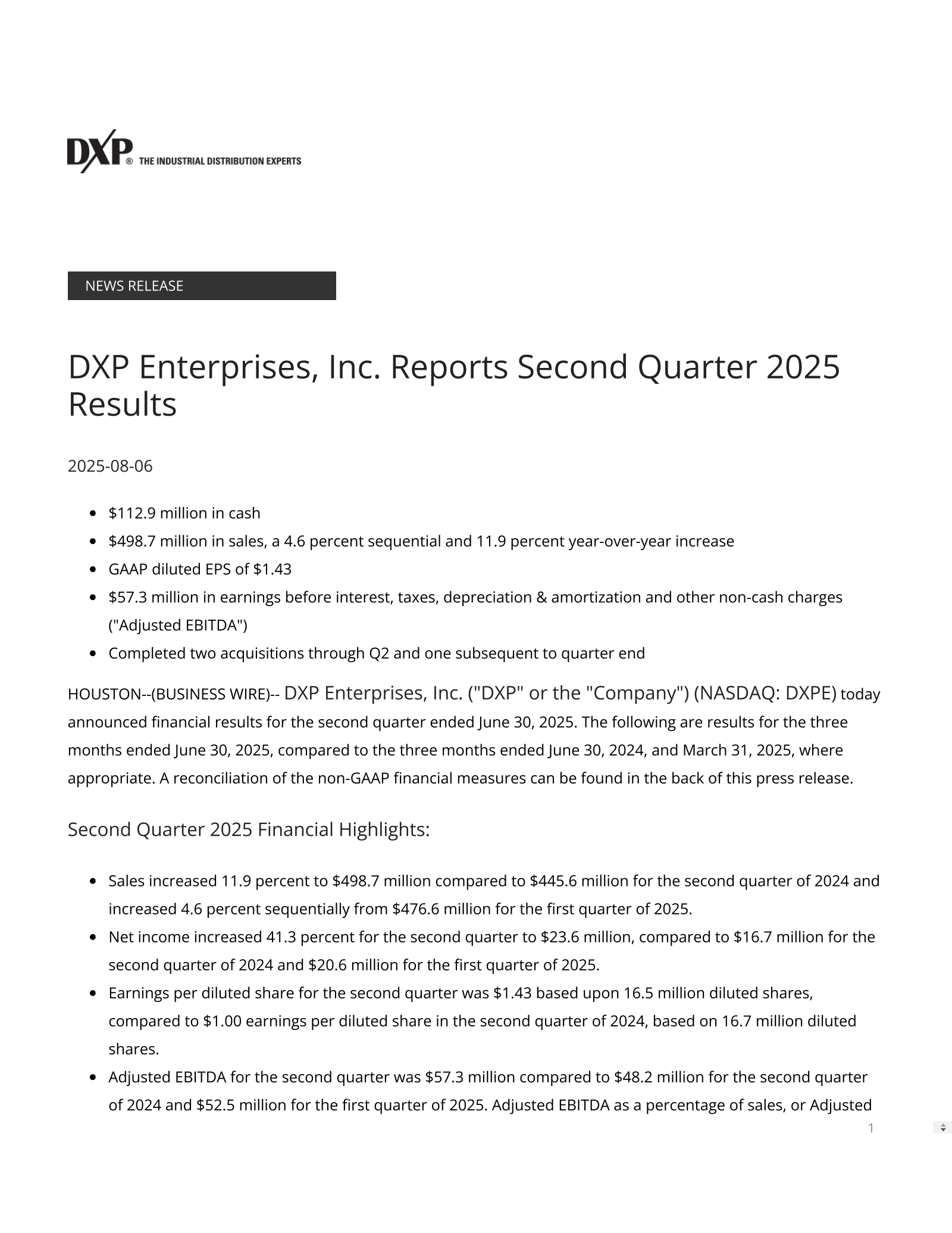 DXP Enterprises' Q2 2025 Press Release