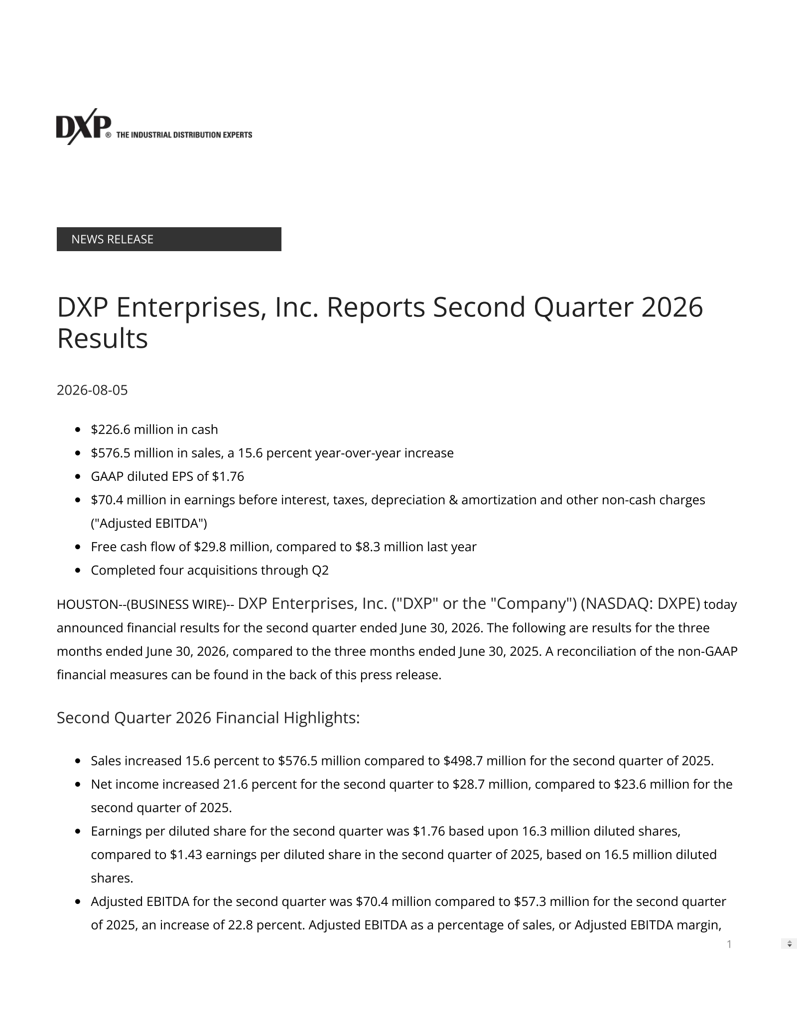 DXP Enterprises' Q2 2026 Press Release