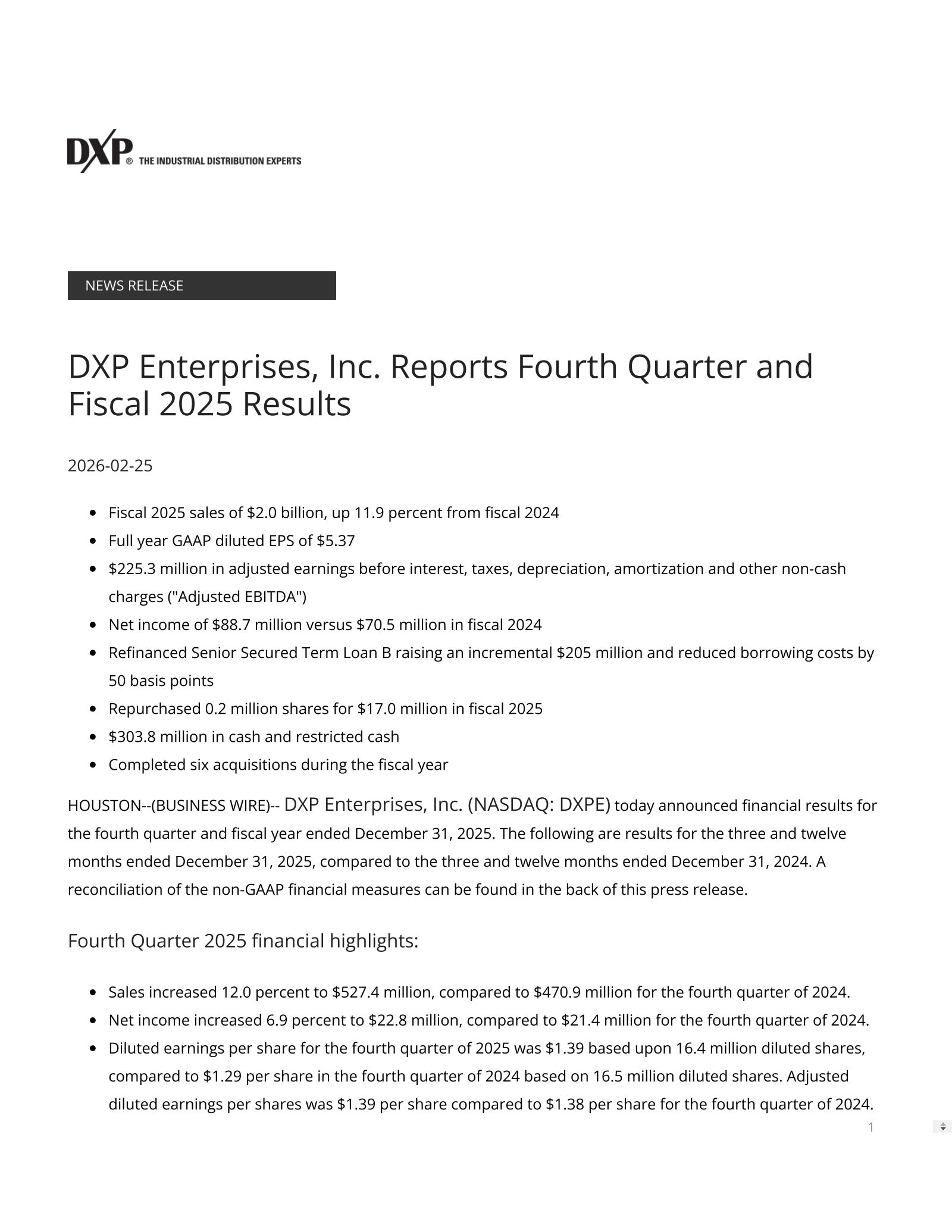 DXP Enterprises' Q4 2025 Press Release