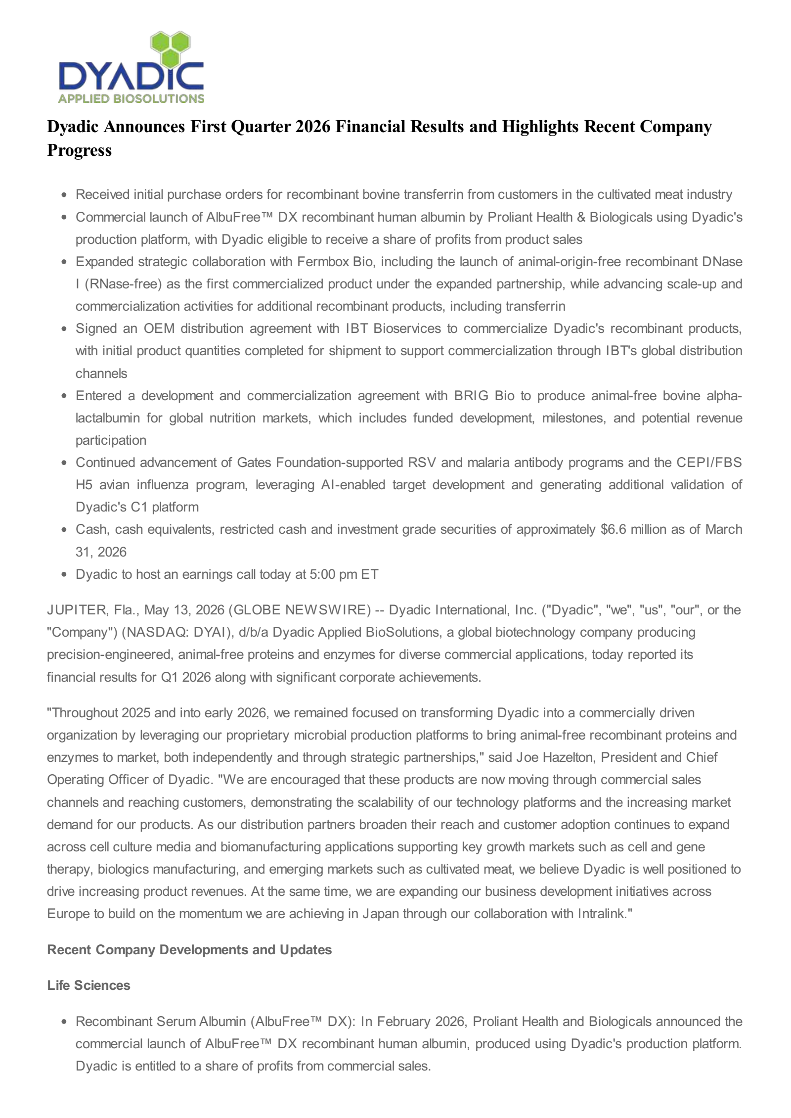 Dyadic International's Q1 2026 Press Release