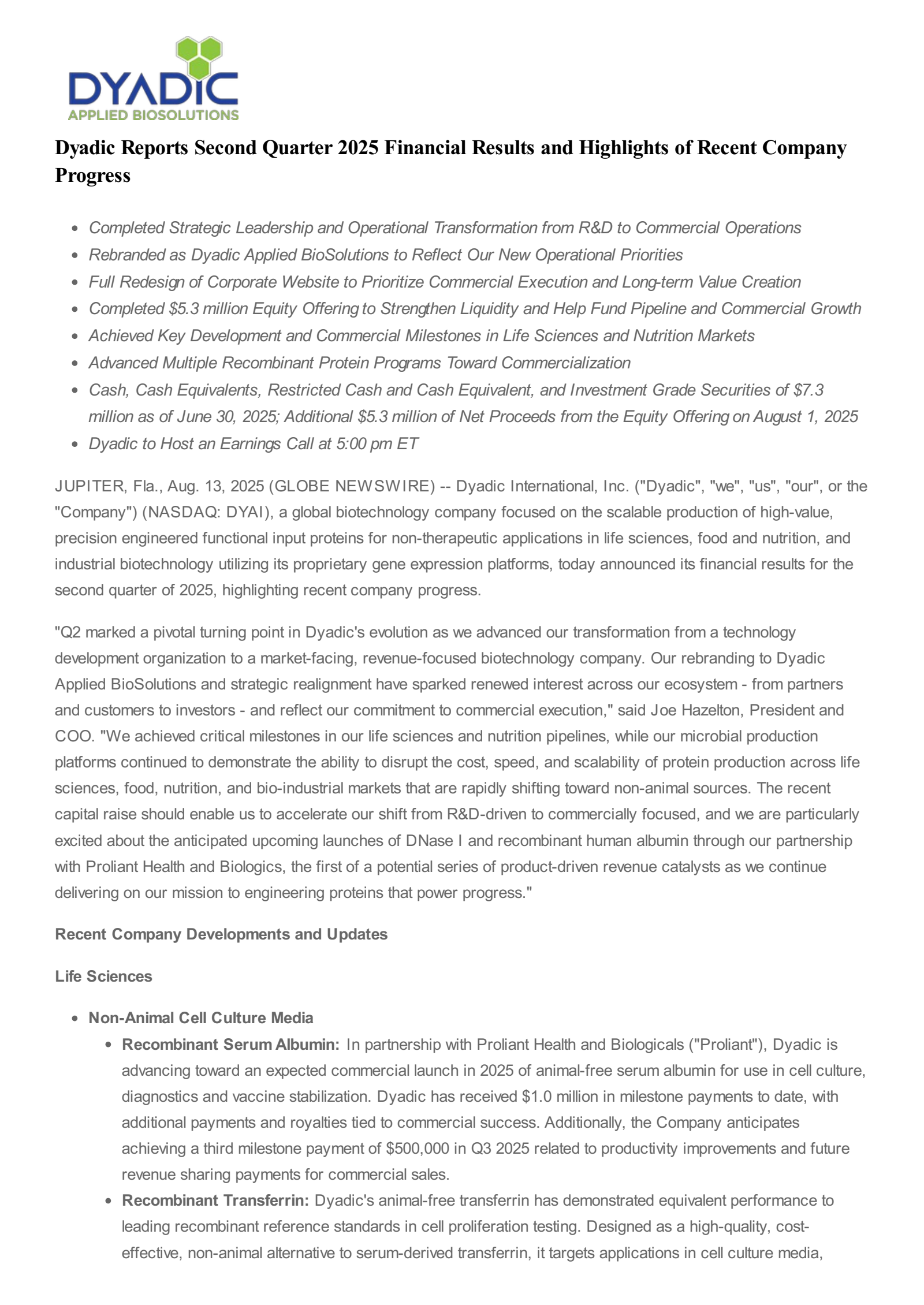 Dyadic International's Q2 2025 Press Release