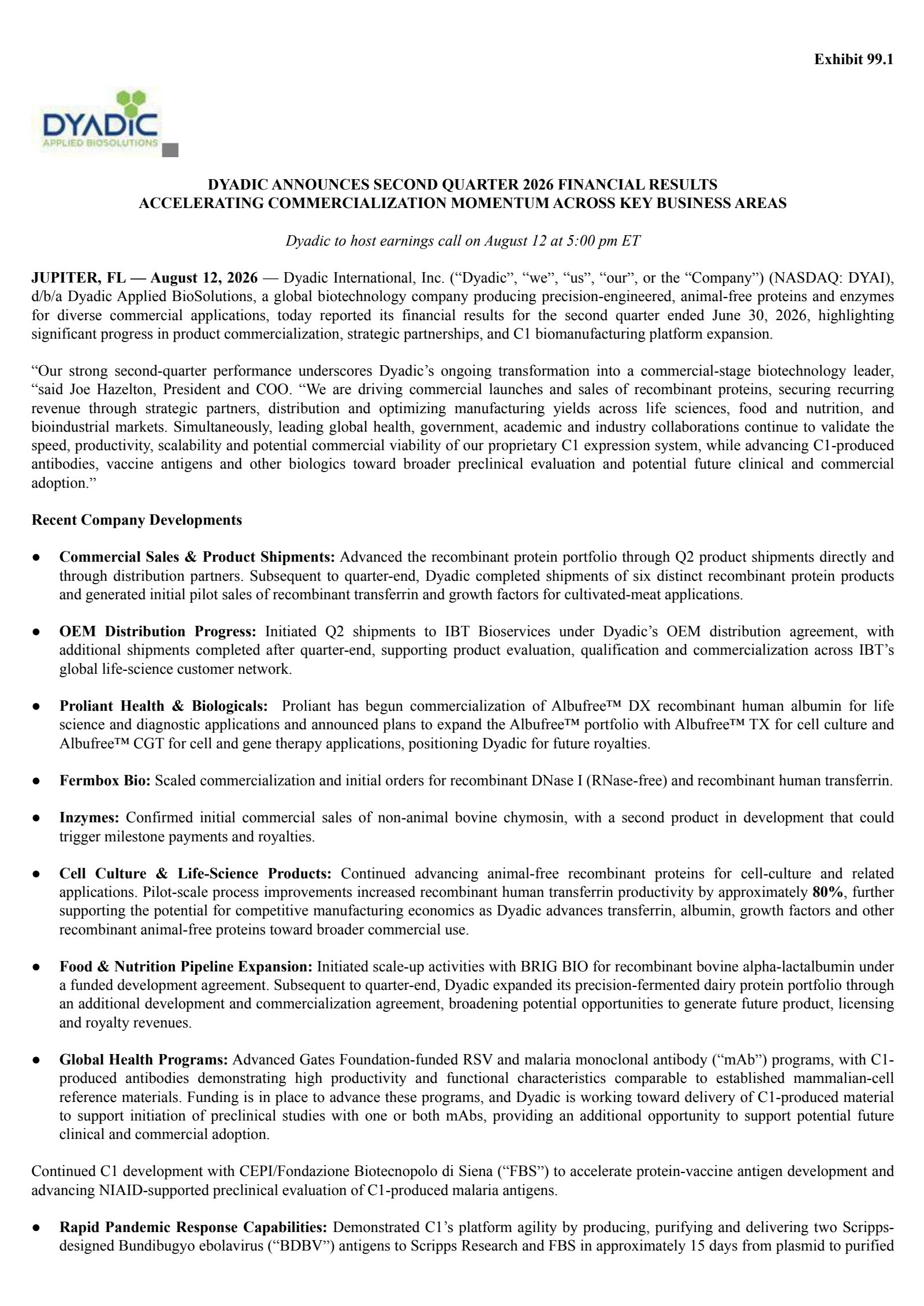Dyadic International's Q2 2026 Press Release