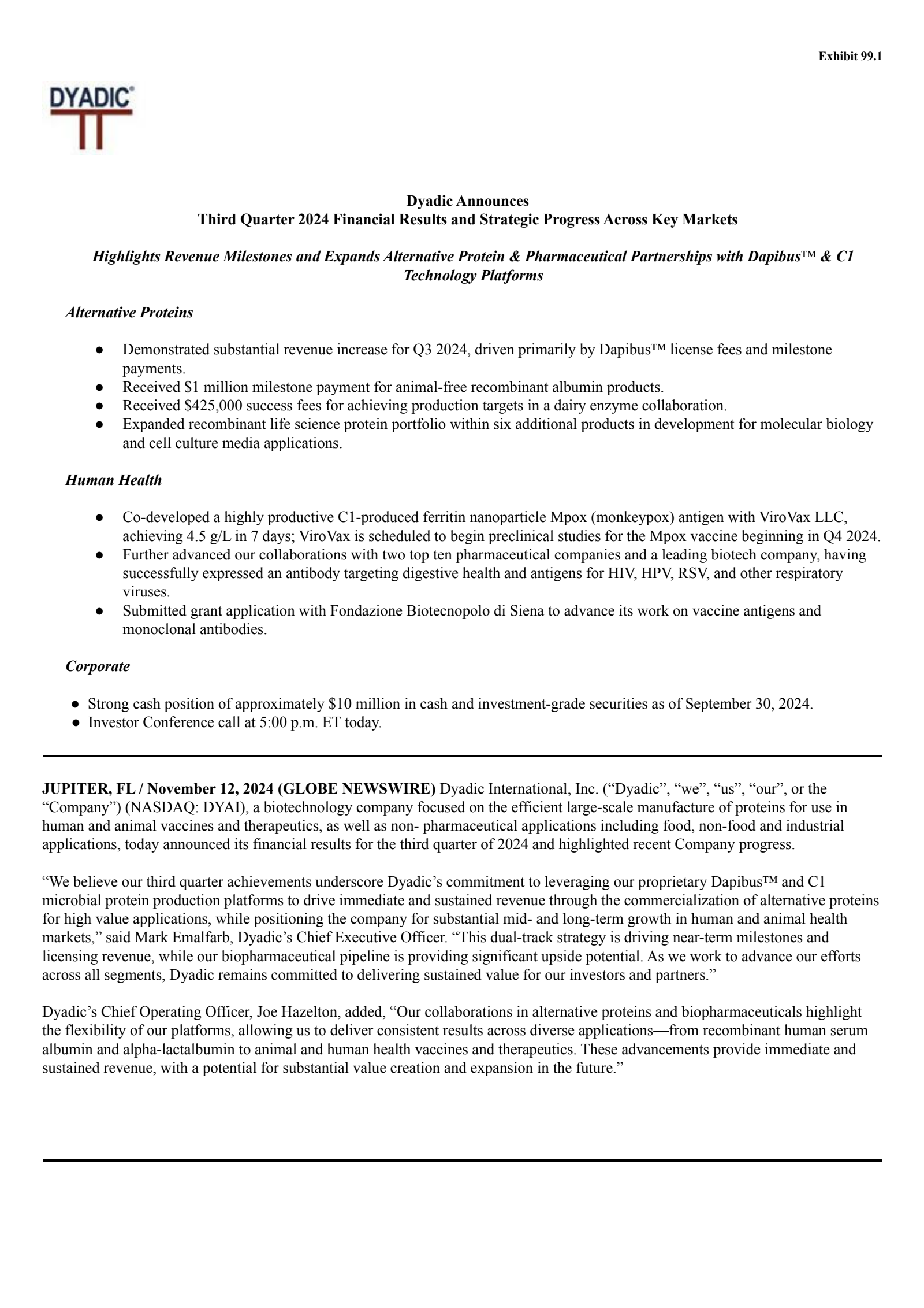 Dyadic International's Q3 2024 Press Release