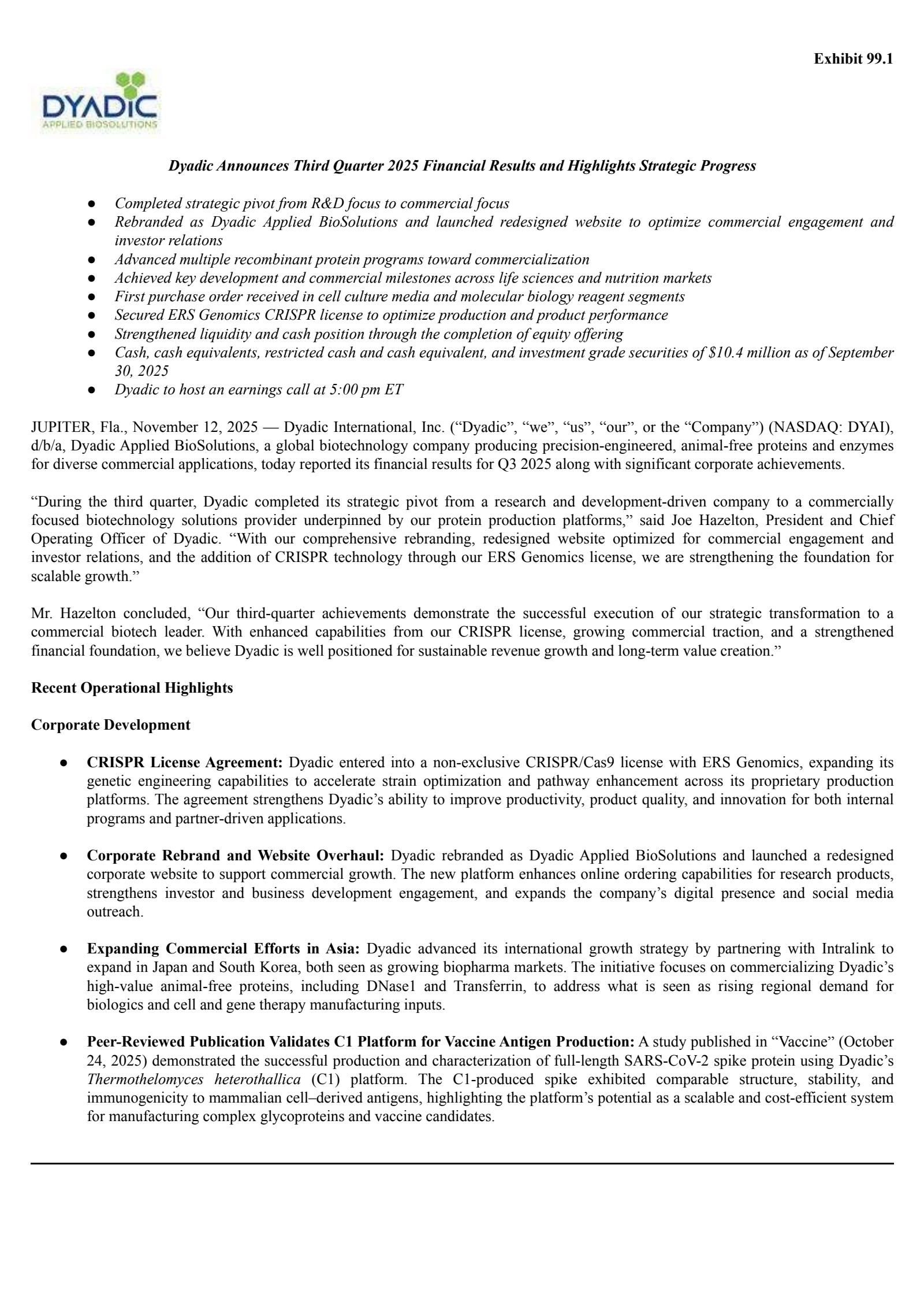 Dyadic International's Q3 2025 Earnings Release
