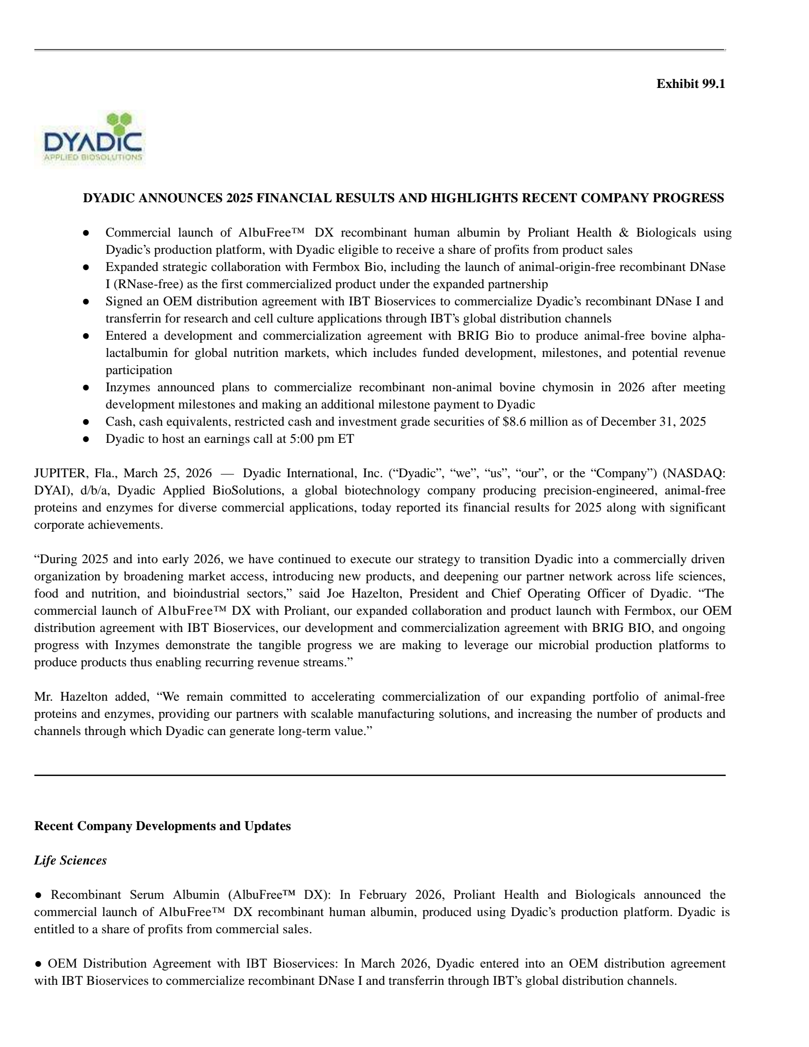 Dyadic International's Q4 2025 Press Release
