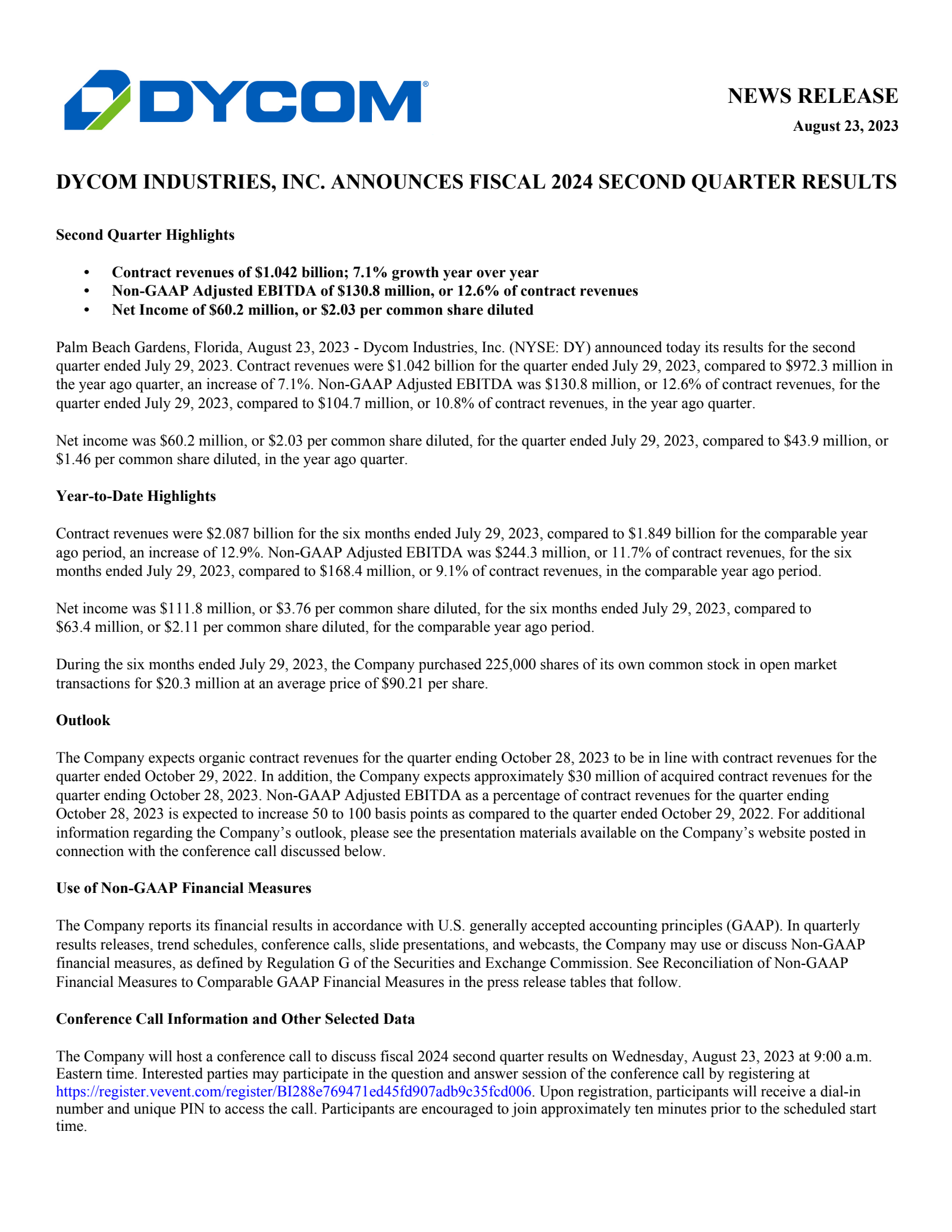 Dycom Industries' Q2 2024 Earnings Release