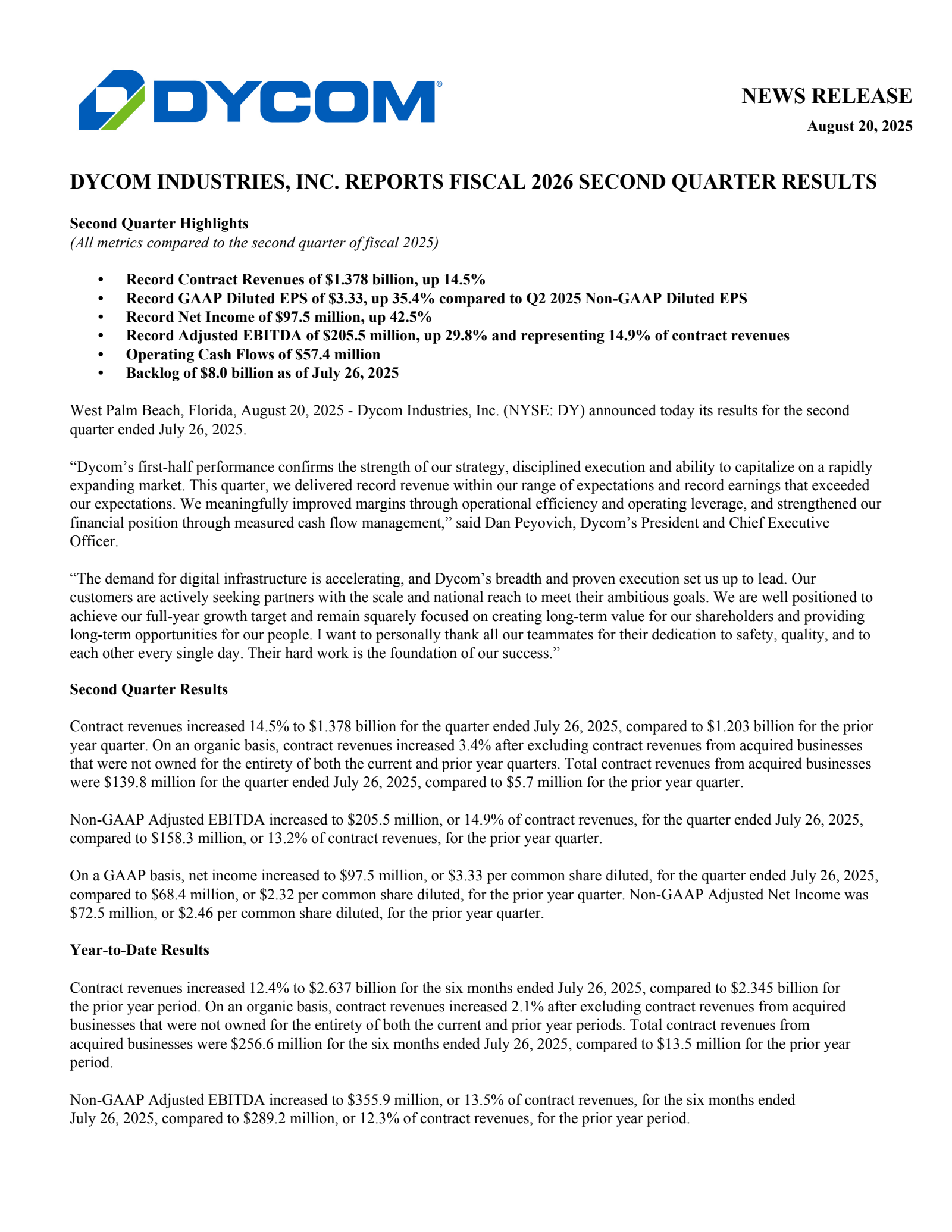 Dycom Industries' Q2 2026 Press Release