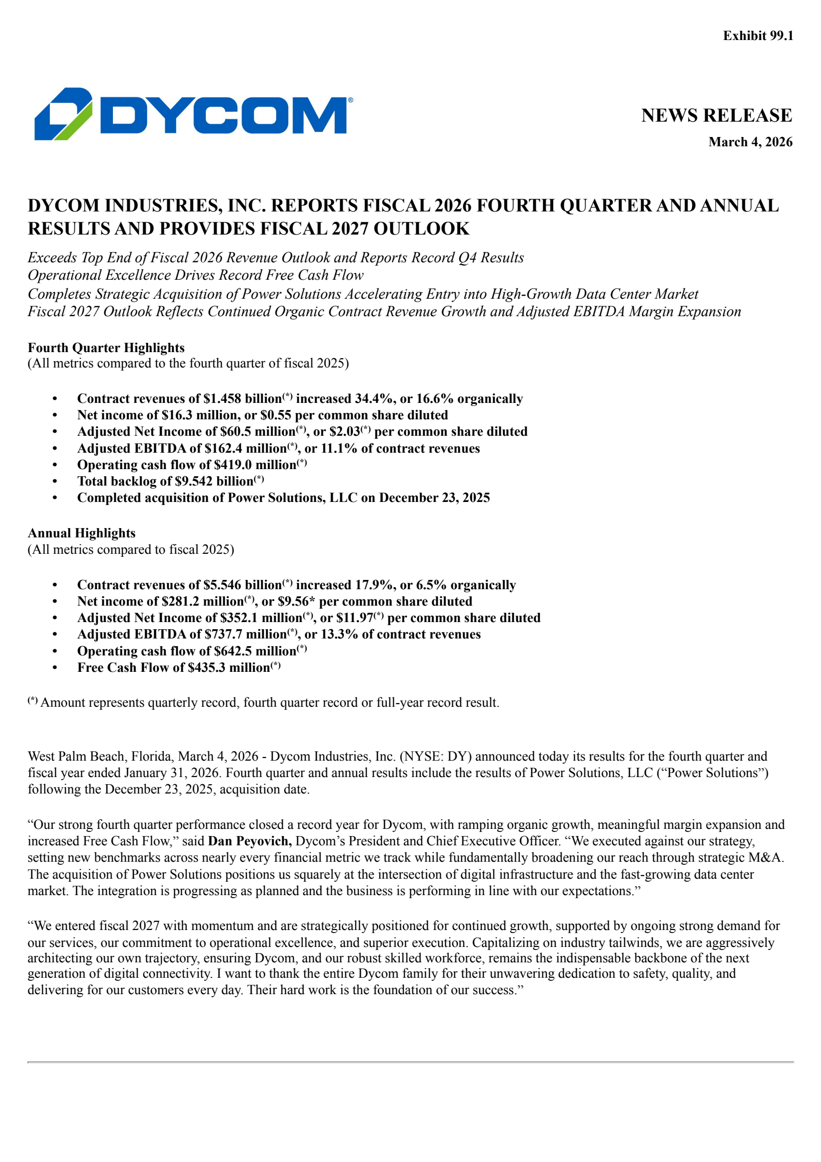Dycom Industries' Q4 2026 Press Release