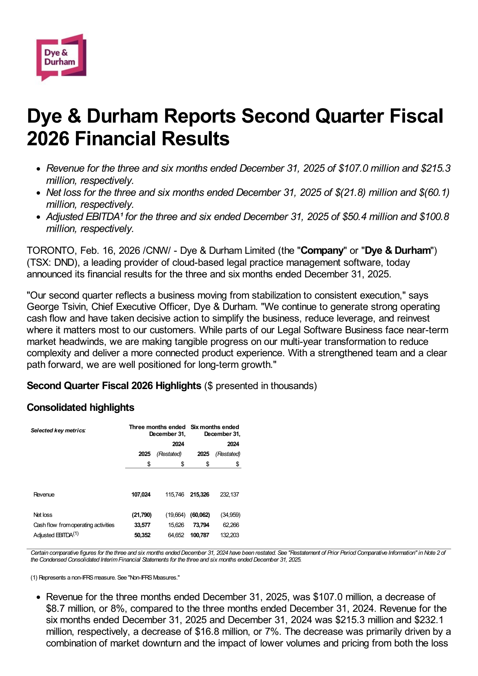 Dye & Durham's Q2 2026 Press Release