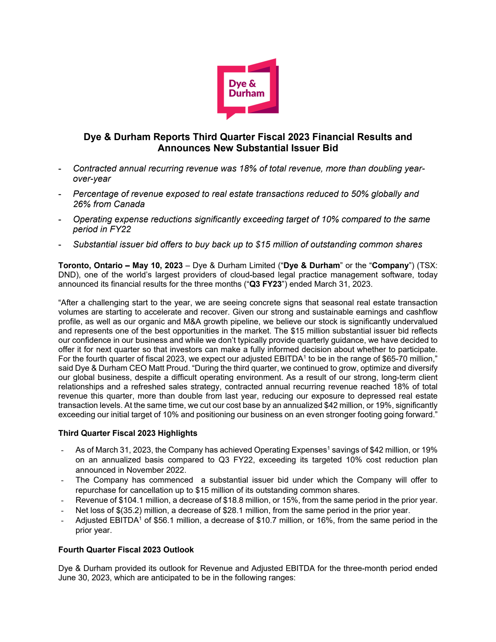 Dye & Durham's Q3 2023 Press Release