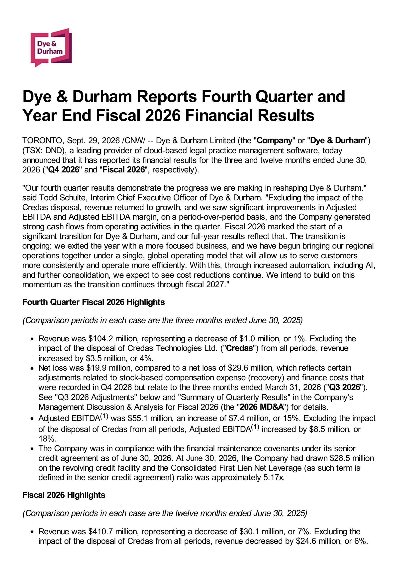 Dye & Durham's Q4 2026 Press Release