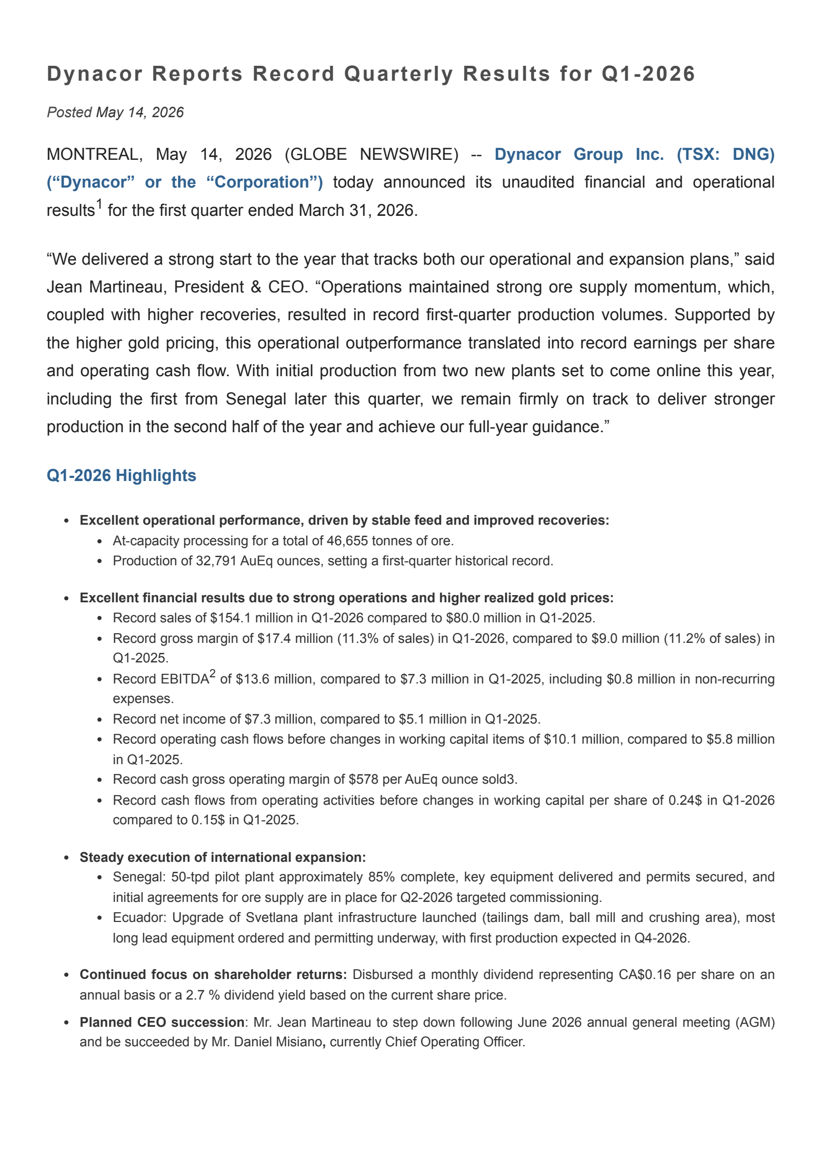 Dynacor Group's Q1 2026 Press Release