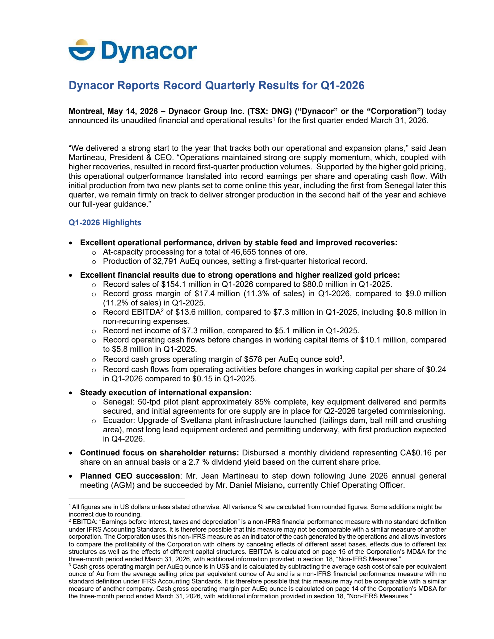 Dynacor Group's Q1 2026 Press Release