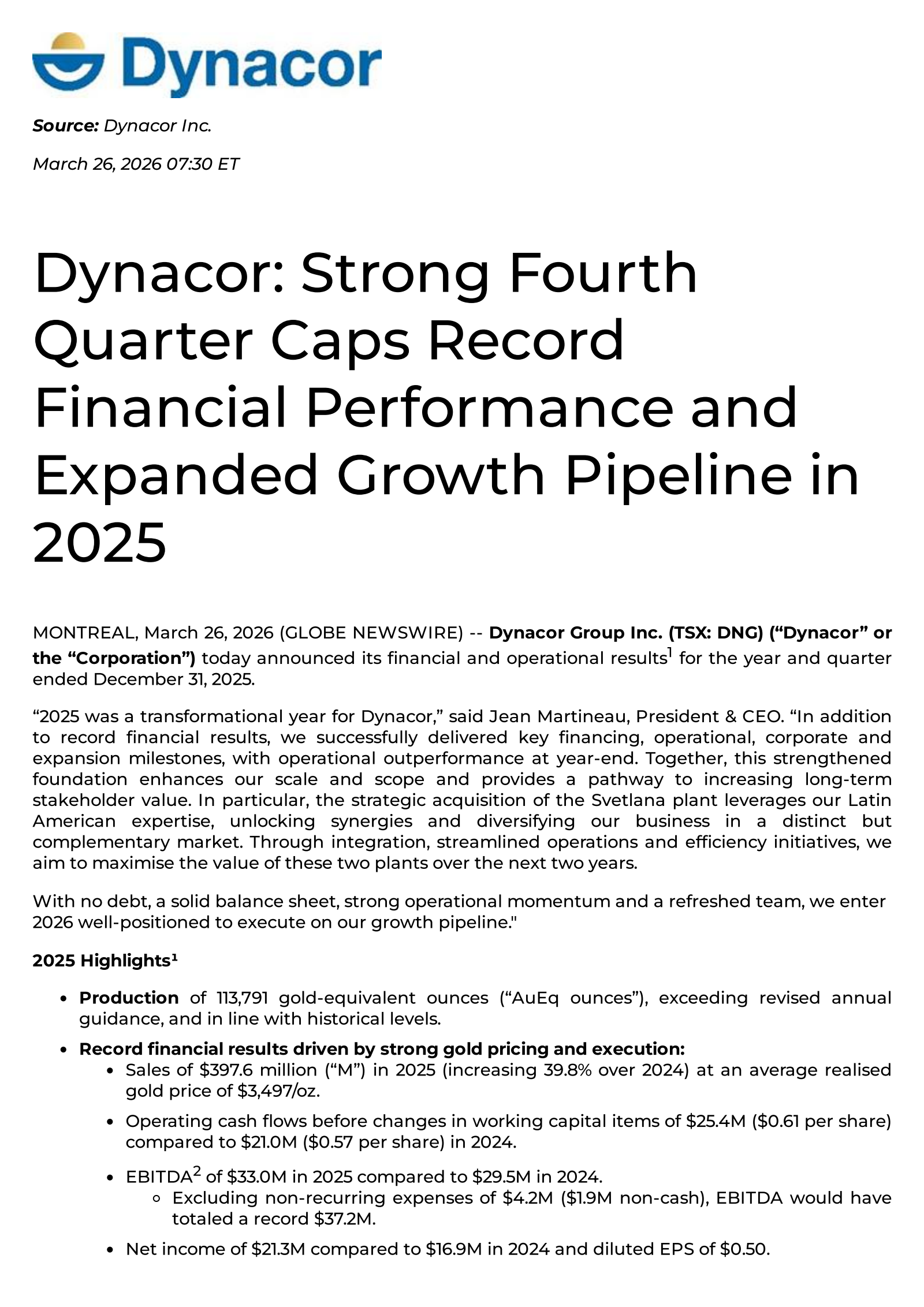 Dynacor Group's Q4 2025 Press Release