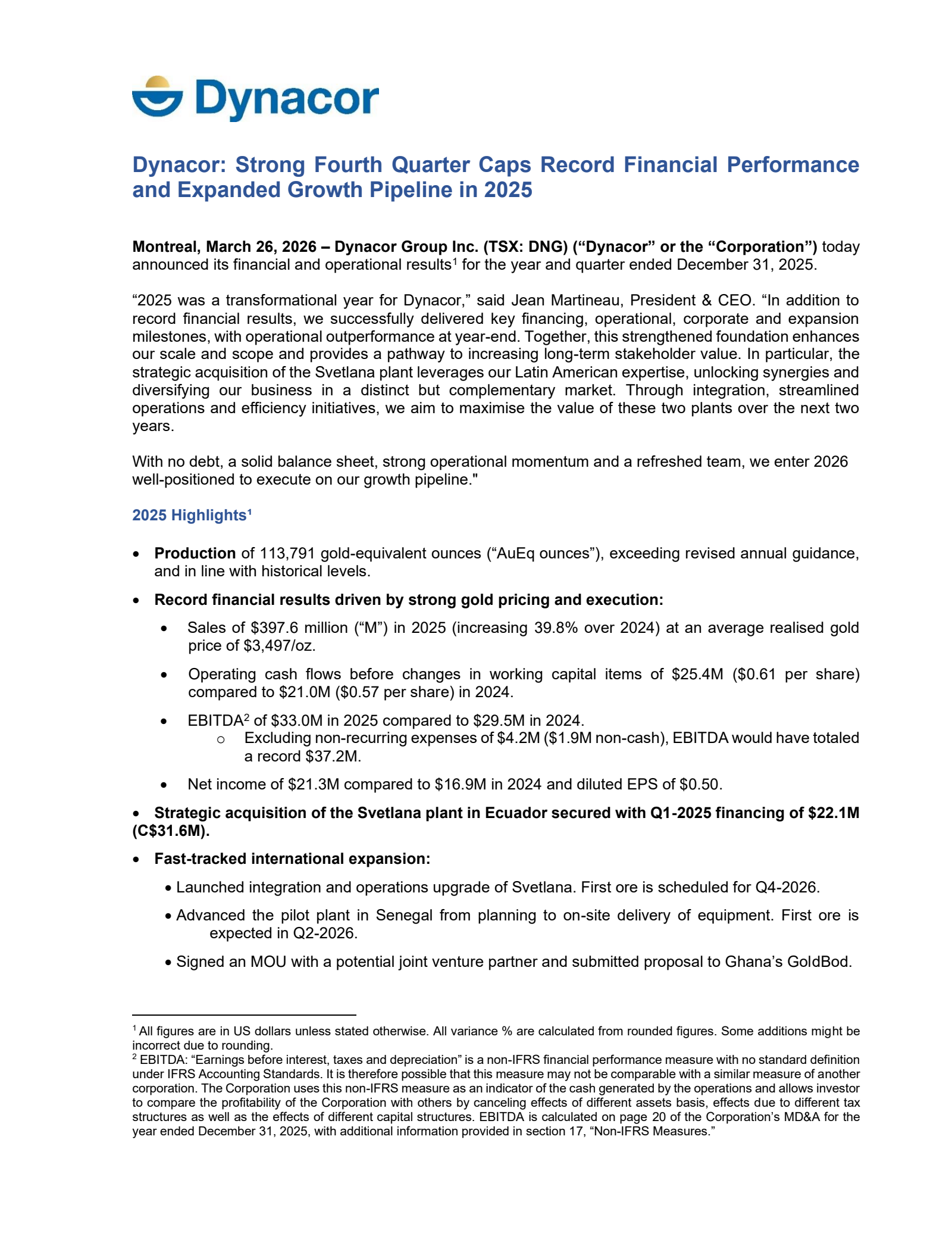 Dynacor Group's Q4 2025 Press Release