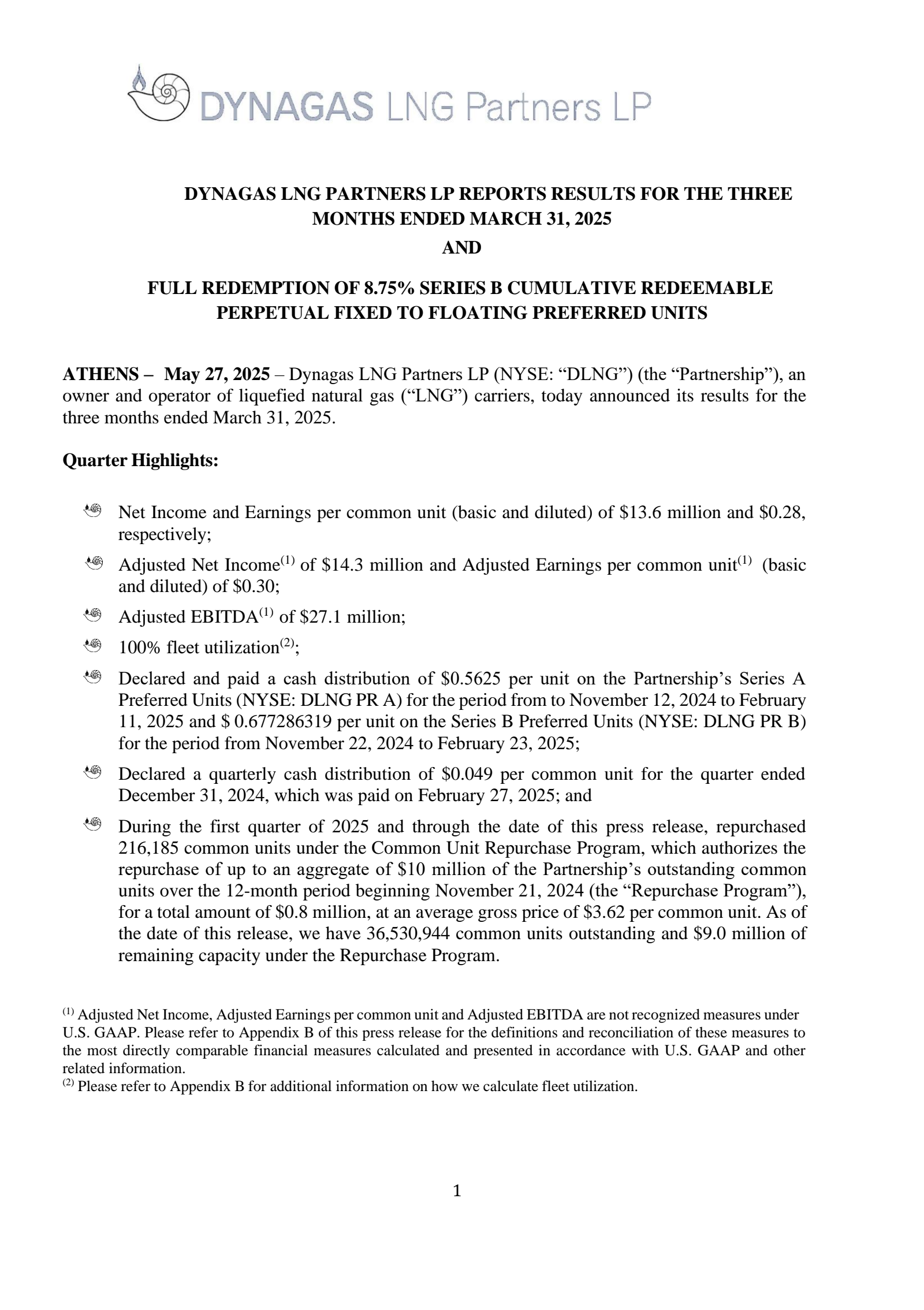 Dynagas LNG Partners' Q1 2025 Press Release