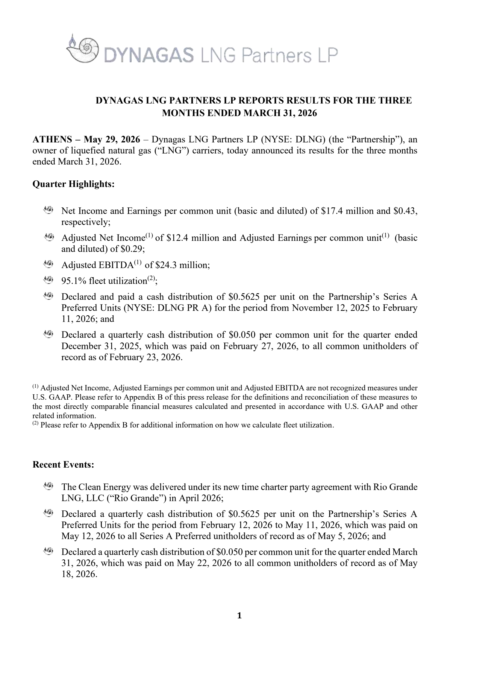 Dynagas LNG Partners' Q1 2026 Press Release